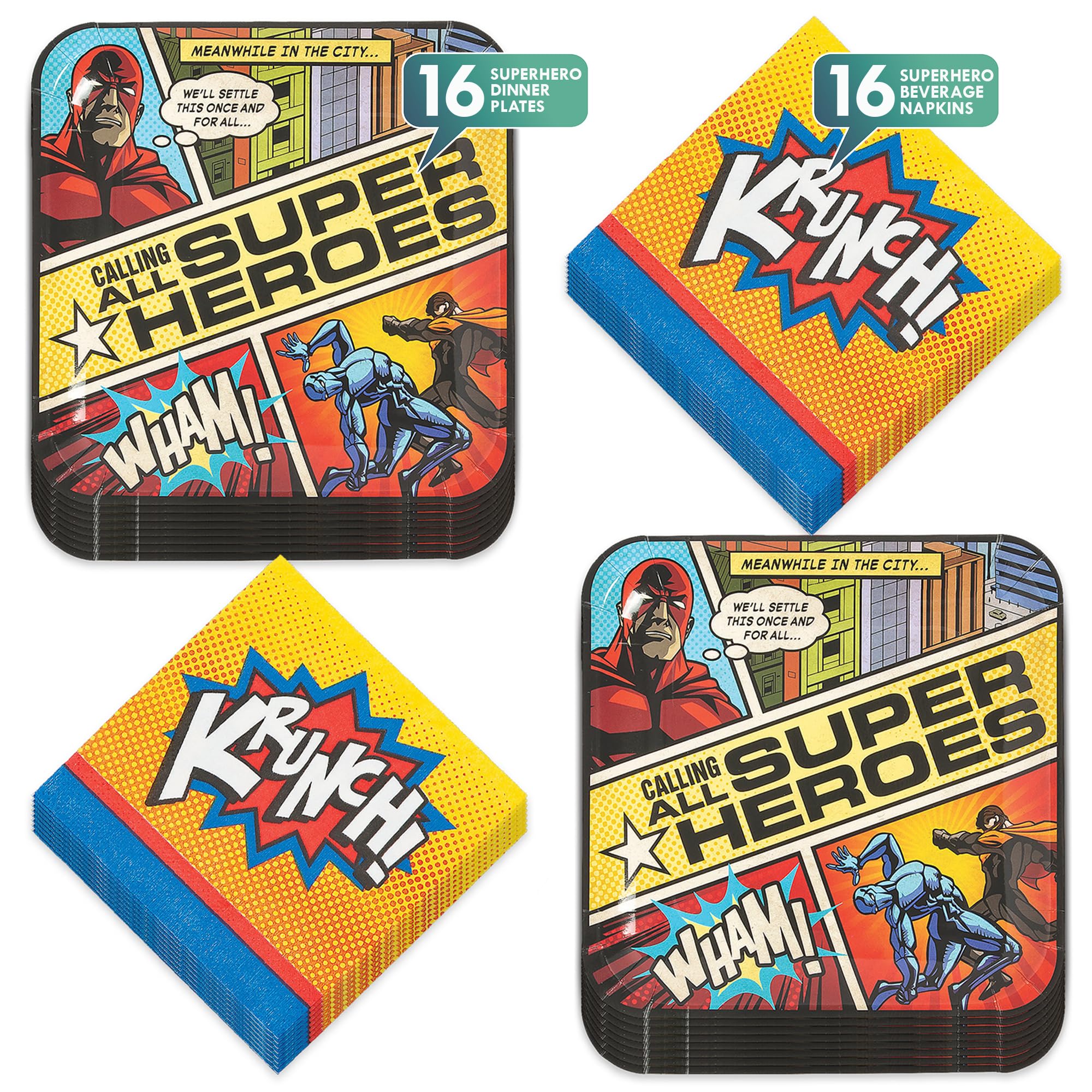 Comic Superhero Party Paper Platos de cena y periódicos titulares de almuerzo servilletas para fiesta de cumpleaños héroe (sirve 16)