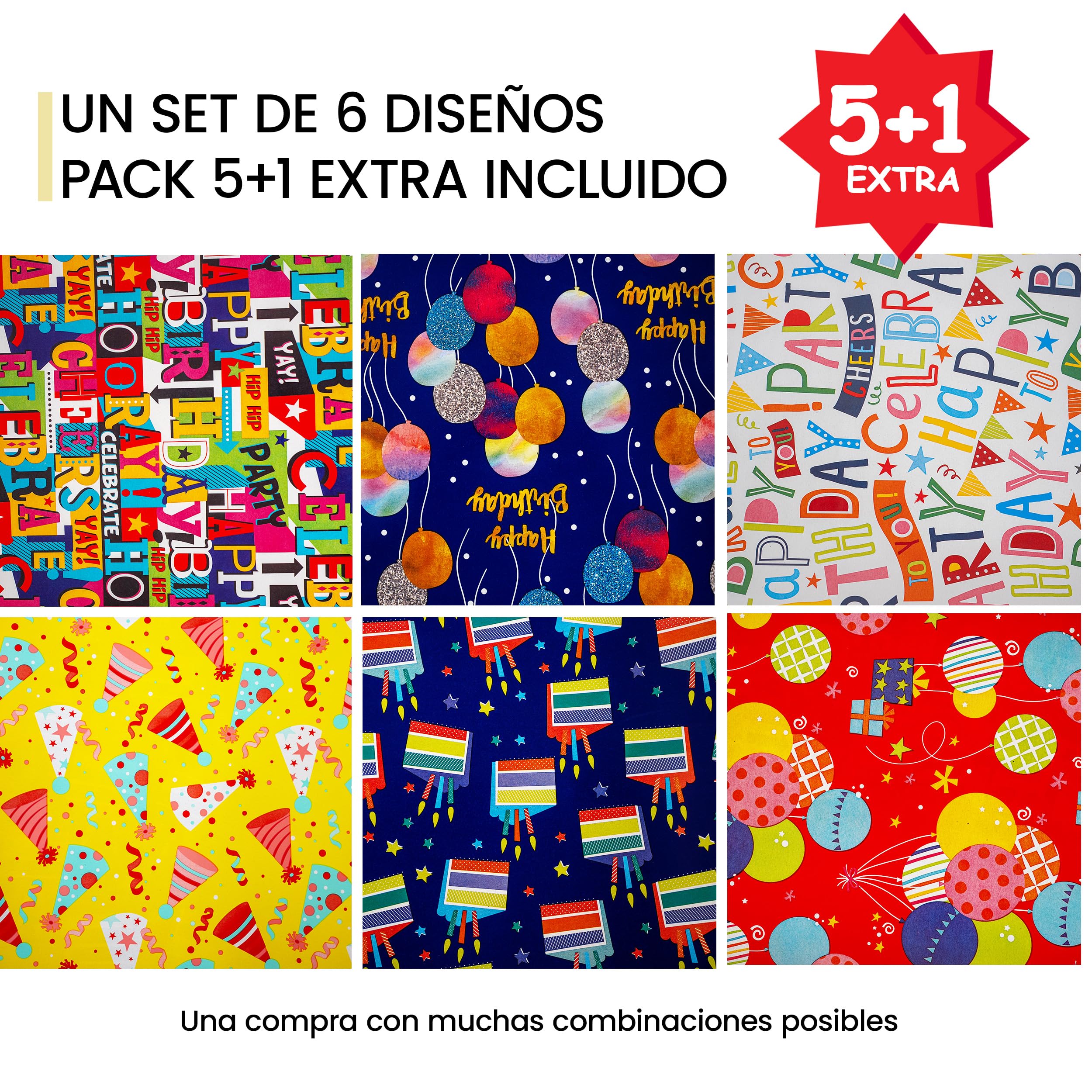 H HANSEL HOME Pack 6 Rollos Papel de Regalo Cumpleaños 70x200cm – Diseños Coloridos Happy Birthday – Papel Resistente para Envolver Regalos y Fiestas
