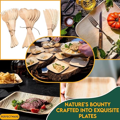 Miniatura 5 de Perfectware Platos cuadrados de hoja de palma de 6 pulgadas Vajilla ecológica Paquete de 25 platos y regalo adicional de cubiertos de madera paquete