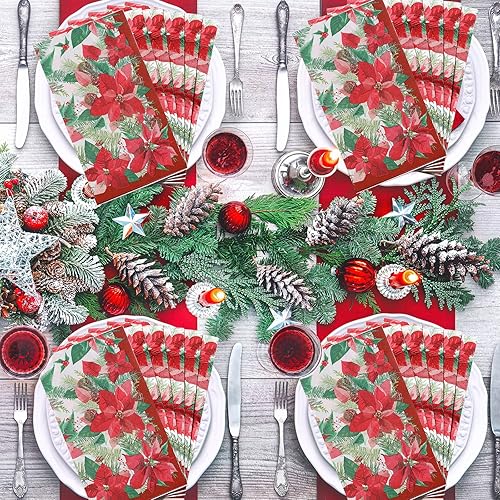 Miniatura 7 de 100 servilletas de flores de Pascua de Navidad, servilletas de papel floral de flor roja, servilletas de cóctel de flores rojas, servilletas