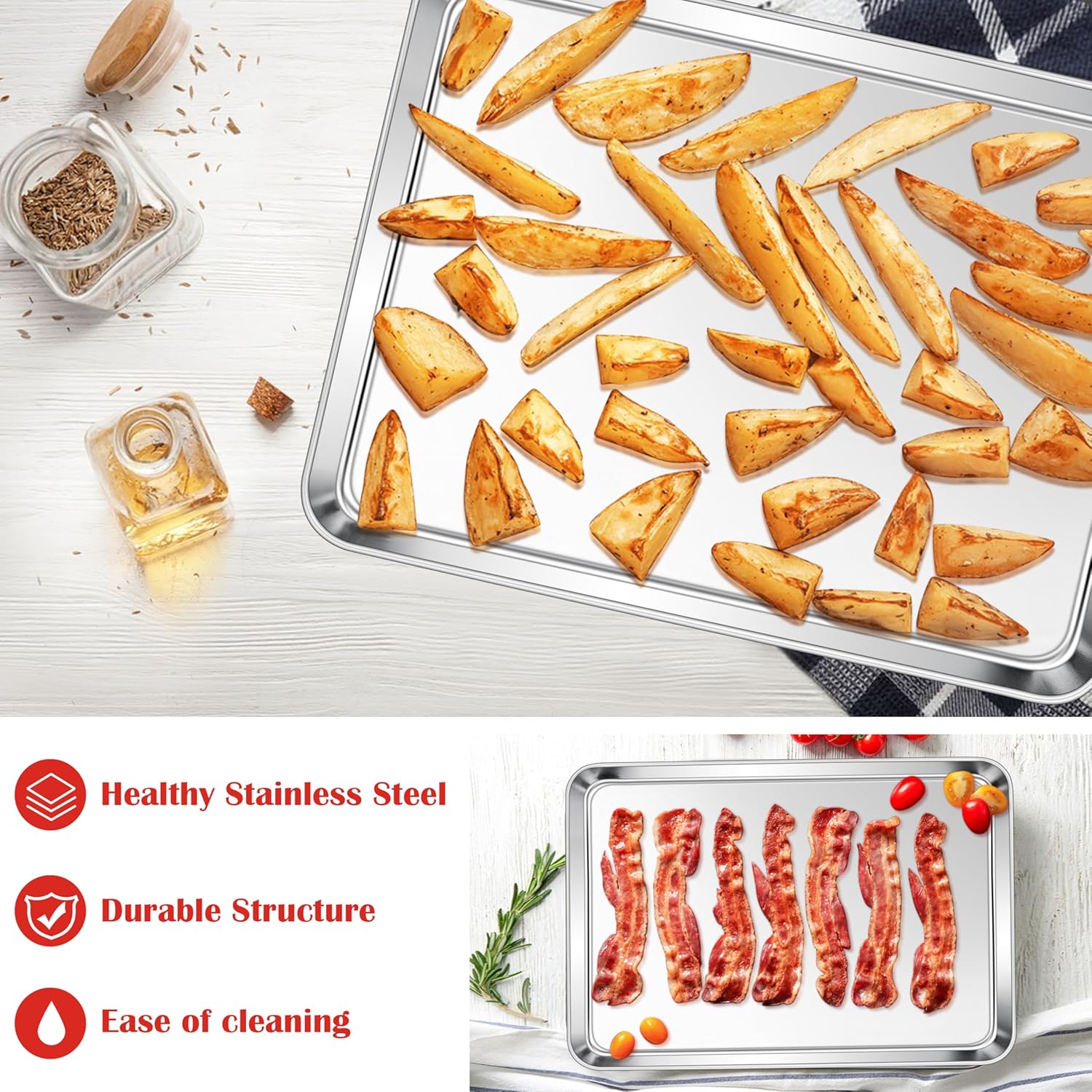 E-far Cookie Sheet for Baking, 18”x13” Stainless Steel Baking Sheet Pan for Oven, Large Non Toxic Metal Baking Tray for Cake Cookies, Healthy & Rust Free, Mirror Finish & Dishwasher Safe, 1 Pack - Image 4