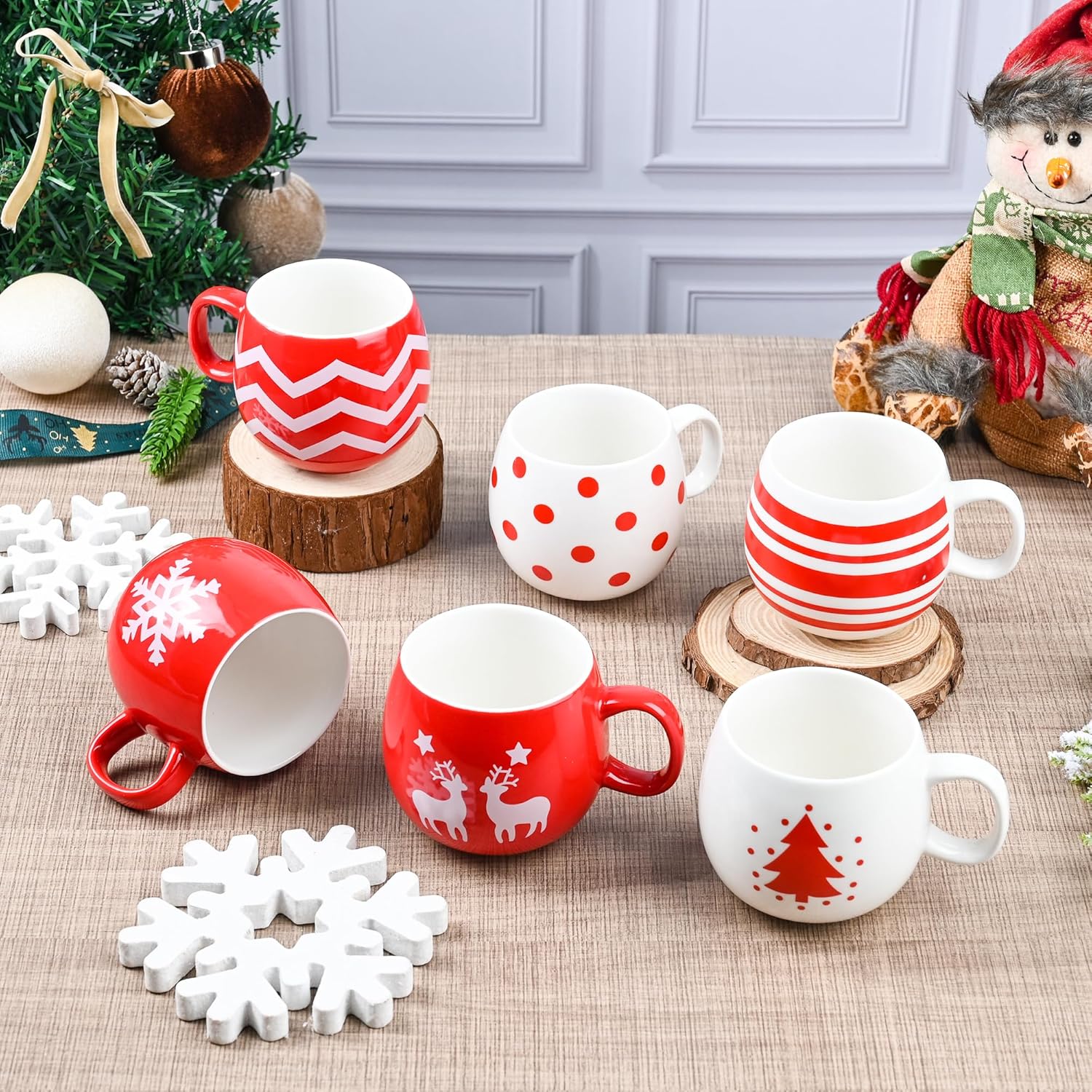 6 Pcs Christmas Mugs Set 11.2 Oz Christmas Ball Shaped Coffee Mug Xmas Tree Elk Snowflake Coffee Cups Holiday Gift Xmas Ceramic Tea Cup for Women Gift Holiday Party Table Centerpieces