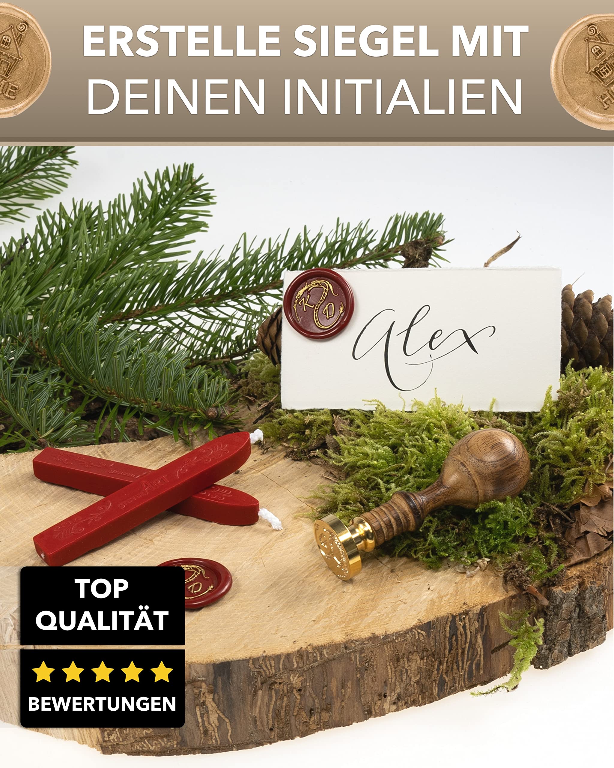 gravurART Siegelstempel personalisiert mit 3 Initialen - Deine Einladungen zur Hochzeit oder Save the Date mit Wachssiegel personalisiert in Schreibschrift - incl. Siegelwachs