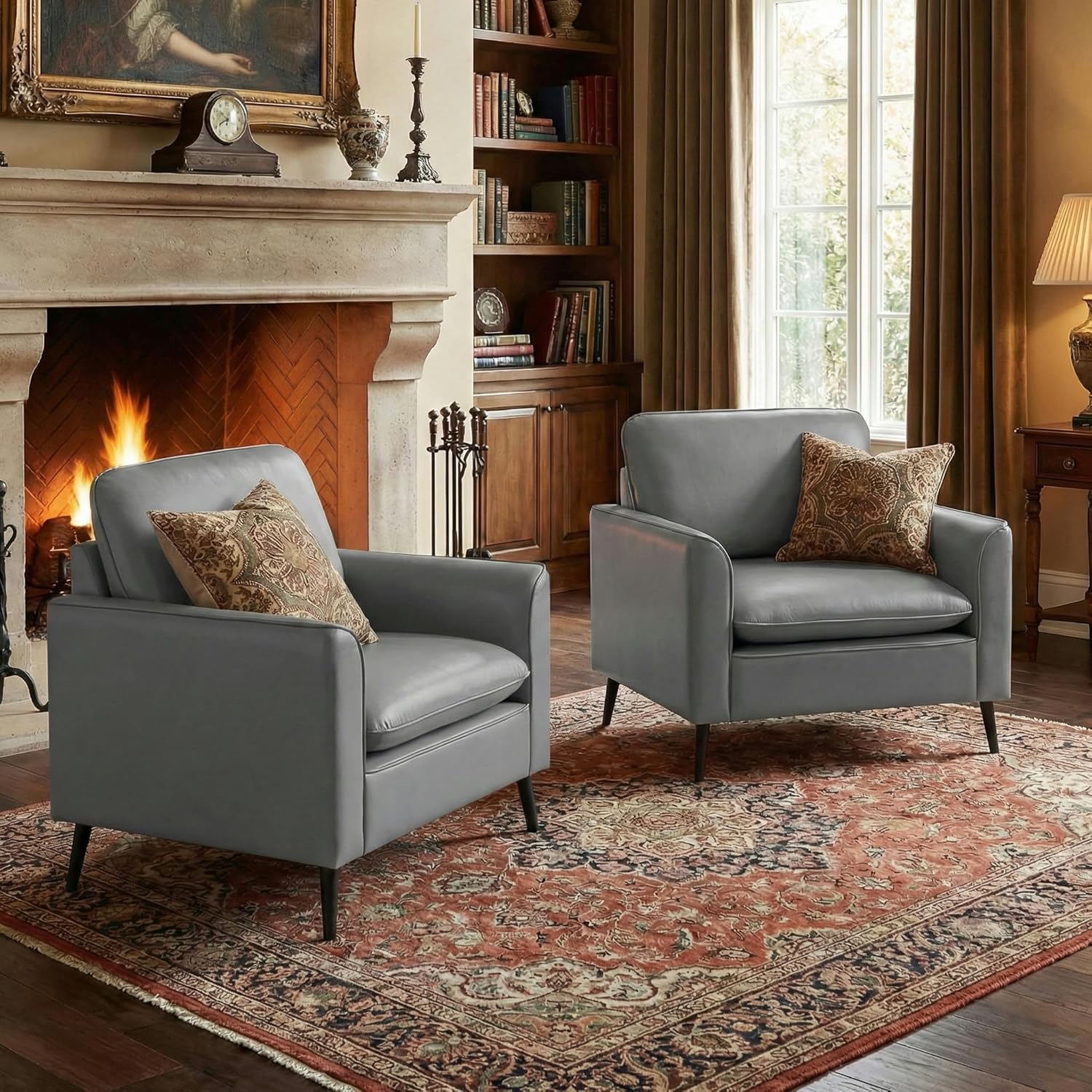 TYBOATLE Accent Chairs Set of 2, Faux Leather Chairs, Mid Century Modern Comfy Living Room Chairs, Cozy Office Reading Chair, Reception Armchairs for Office, Bedroom, Waiting Room (Grey) (2)