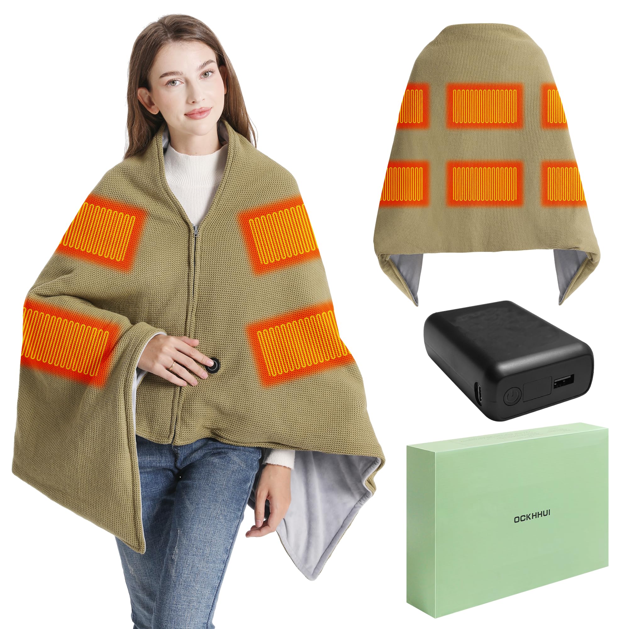 Heated Blanket with 20000mAh Power Bank - 58"X32" Green Knit & Gray Crystal Velvet, Rapid Heating, 3 Temps, Portable Cordless Heated Throw Shawl for Indoor & Outdoor Comfort