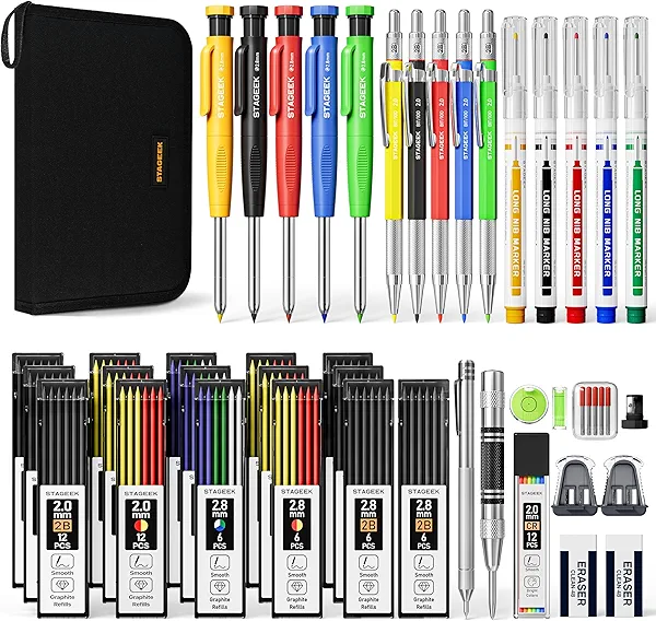 STAGEEK 49 Pack Carpenter Pencil Set with Sharpener, Carpenter Pencils with Deep Hole Long-Nib Marker Pens, Carbide Scribe Tool & Construction Pencil for Architect Woodworking with Case