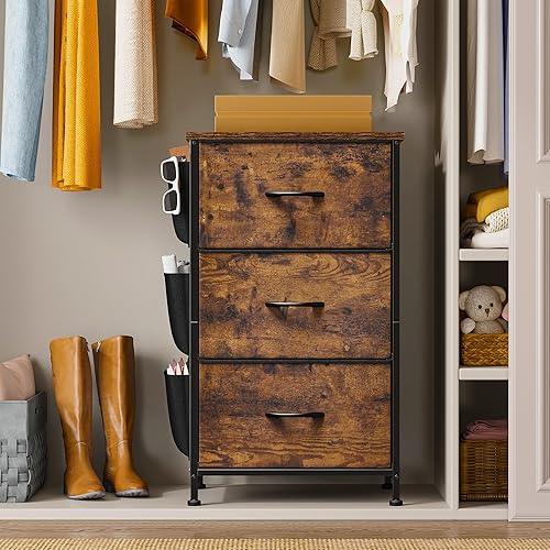 Miniatura 6 de EnHomee Mesita de noche alta, mesita de noche con cajones para dormitorio, mesita de noche con parte superior de madera, mesa auxiliar con marco de