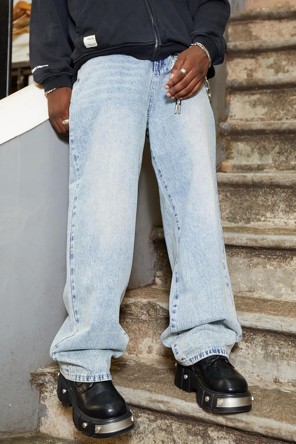 Men's Y2K Hip Hop Baggy Jeans - Loose Fit Wide Leg Denim Pants Casual Streetwear Trousers - Image 3