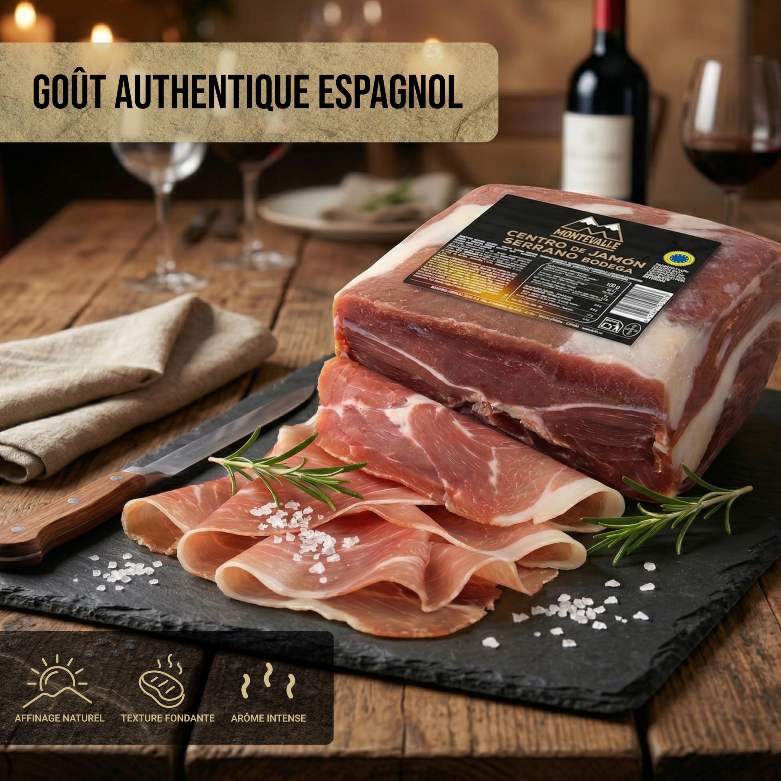 Montevalle Centro De Jambon Serrano Bodega 2,5kg | Affinage Traditionnel Douze Mois | Jambon Espagnol Premium Désossé | Emballé Sous Vide Fraîcheur | Idéal Pour Coupe Couteau Ou Machine Pro