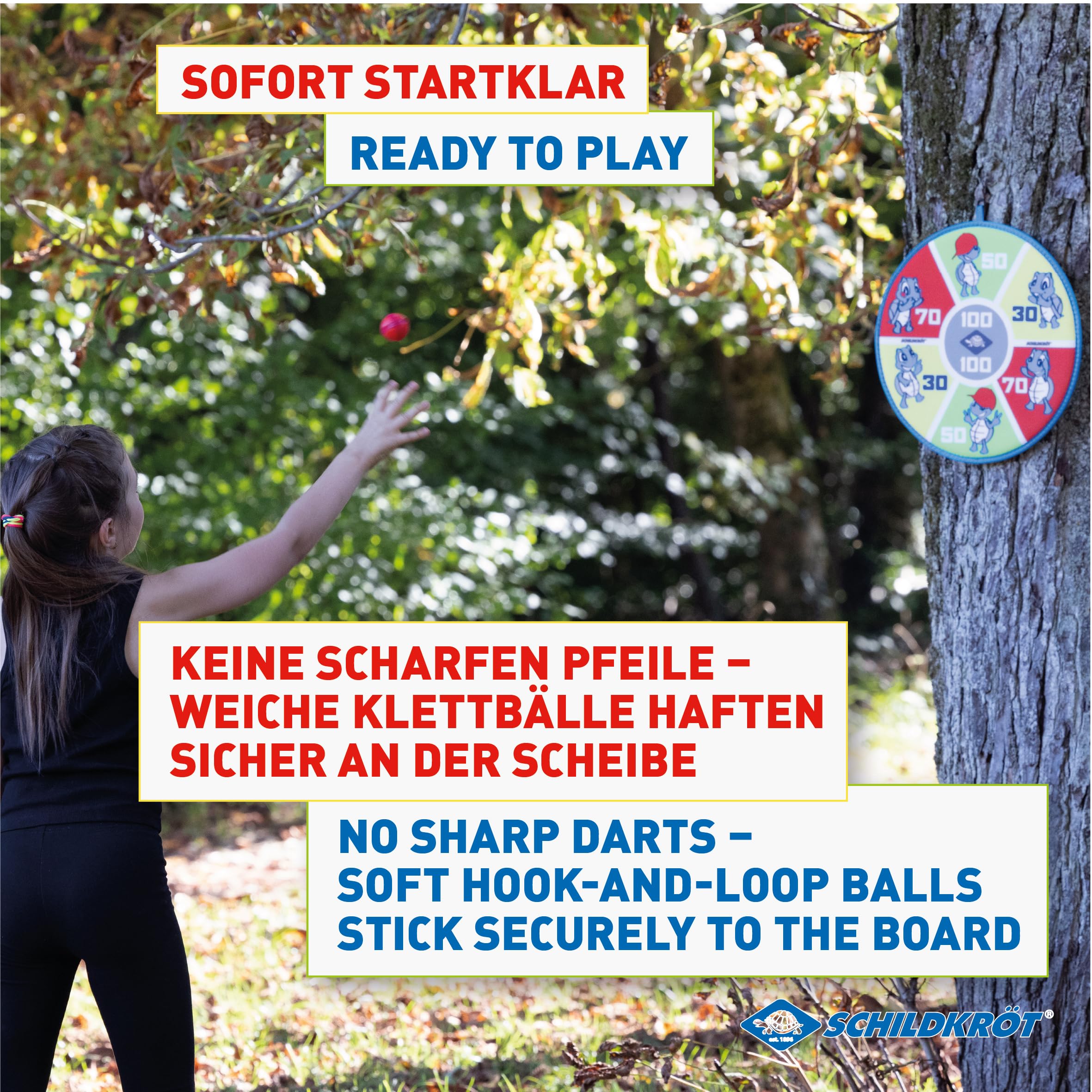 Schildkröt Juego de Dardos Blandos | Diana con Impresión a Doble Cara Ø 38 cm | 6 Bolas Adherentes para Niños y Familias | Juego de Dardos Seguro para Interior y Exterior