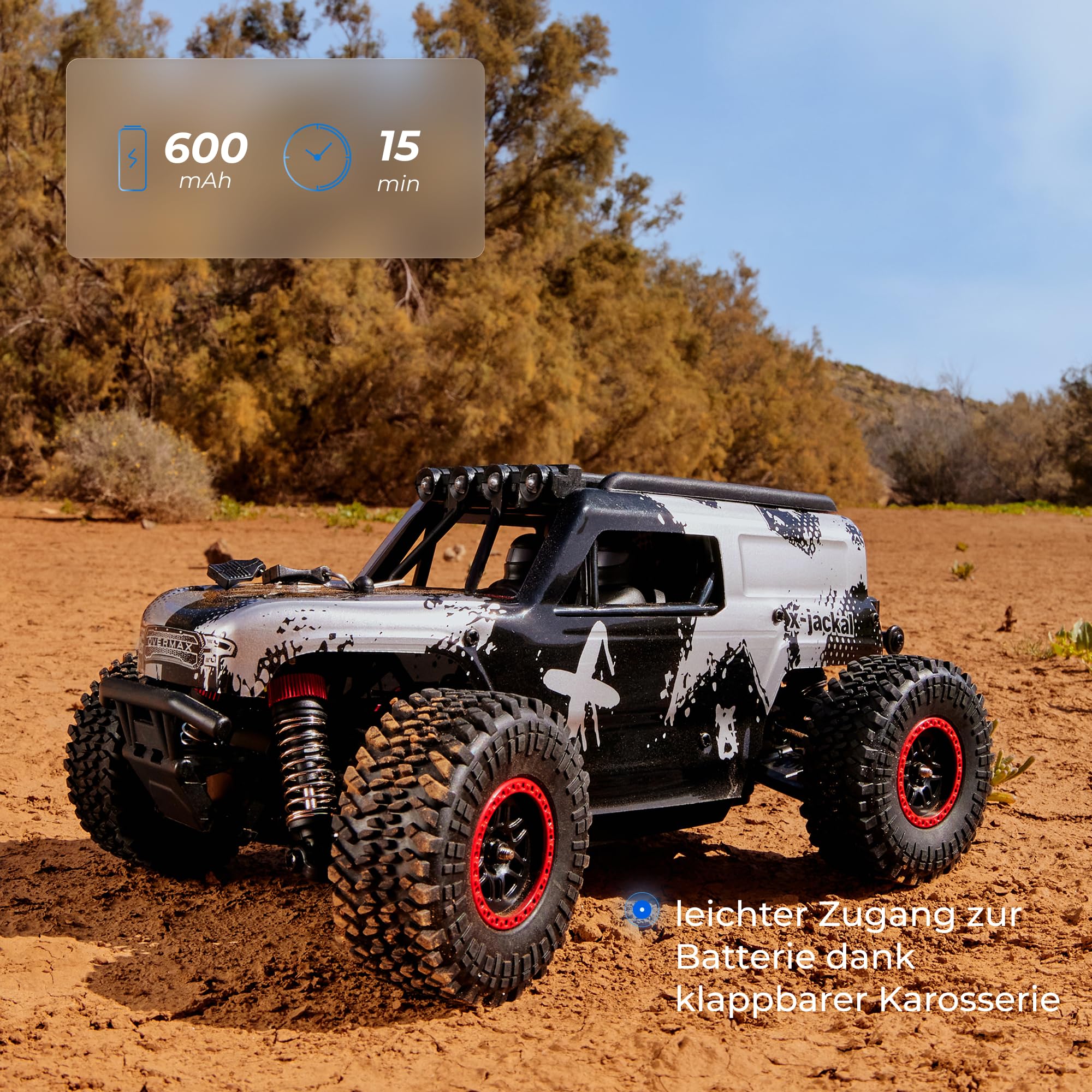 Overmax X-Jackal Ferngesteuertes RC-Auto 4WD, 30 km/h, Maßstab 1:20, 14+ | 370er Bürstenmotor, Proportionale Steuerung, 80 m Reichweite, Einzelradfederung, LEDs in 5 Farben, Li-Ion-Akku, ab 14 Jahren