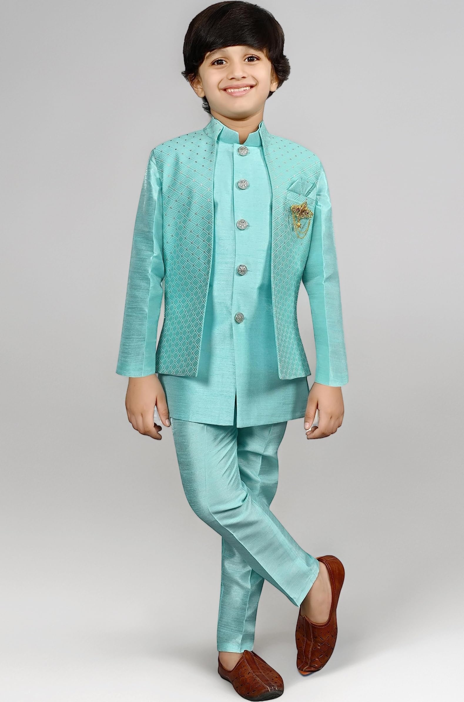 AHHAAAA Kids Ethnic Silk Indian Bollywood Style Print Indo-Western Sherwani Set For Boys 521MF