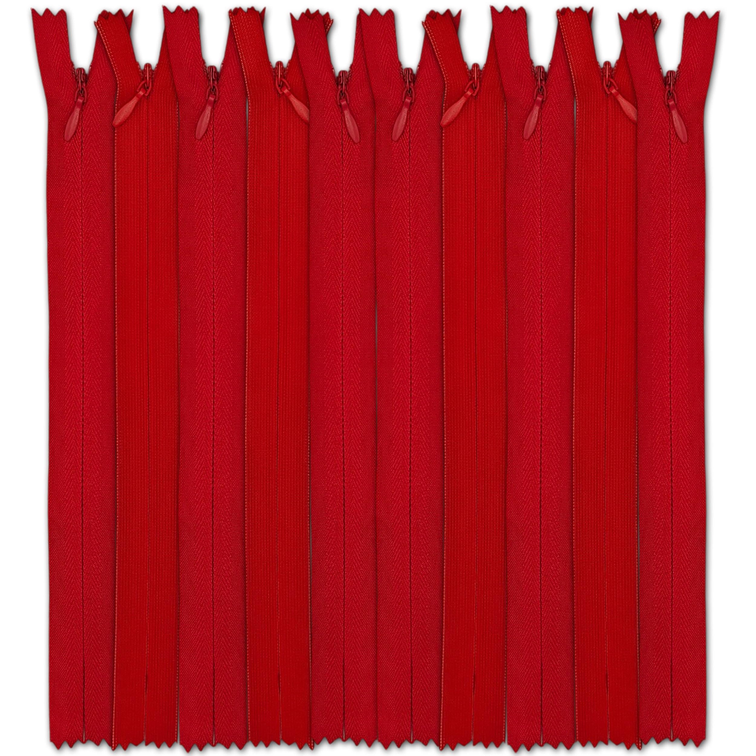 Set of 10 Invisible Zips 21.5” Red | Closed-End Coil Zip 55cm Long with Single Slider Size #3 | Hidden Nylon Zip for Skirts, Dresses, Trousers DIY Repair, Tailoring | Replacement Zipper