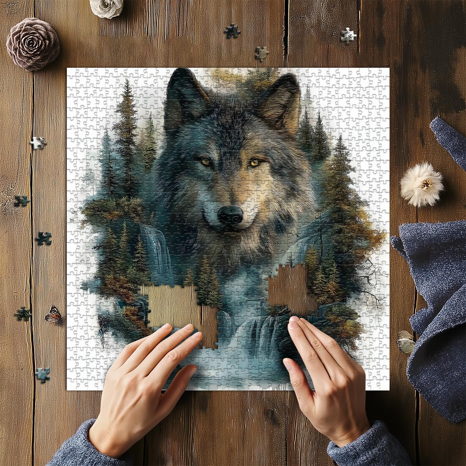 Wolf Puzzles for Adults 1000 Pieces, Landscape Forest Puzzles, Waterfall Nature Jigsaw Puzzle, Beautiful Animal Wolf Home Wall Decor