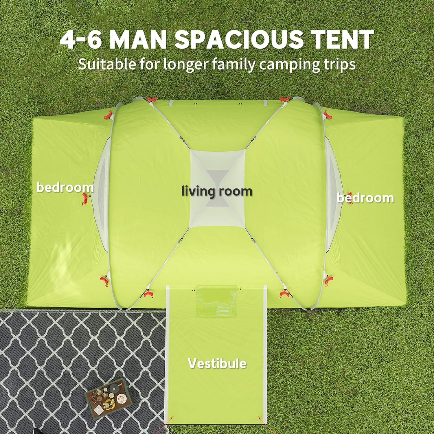 Overhead view of the Outsunny tent showing the layout of two bedrooms, living room, and vestibule.