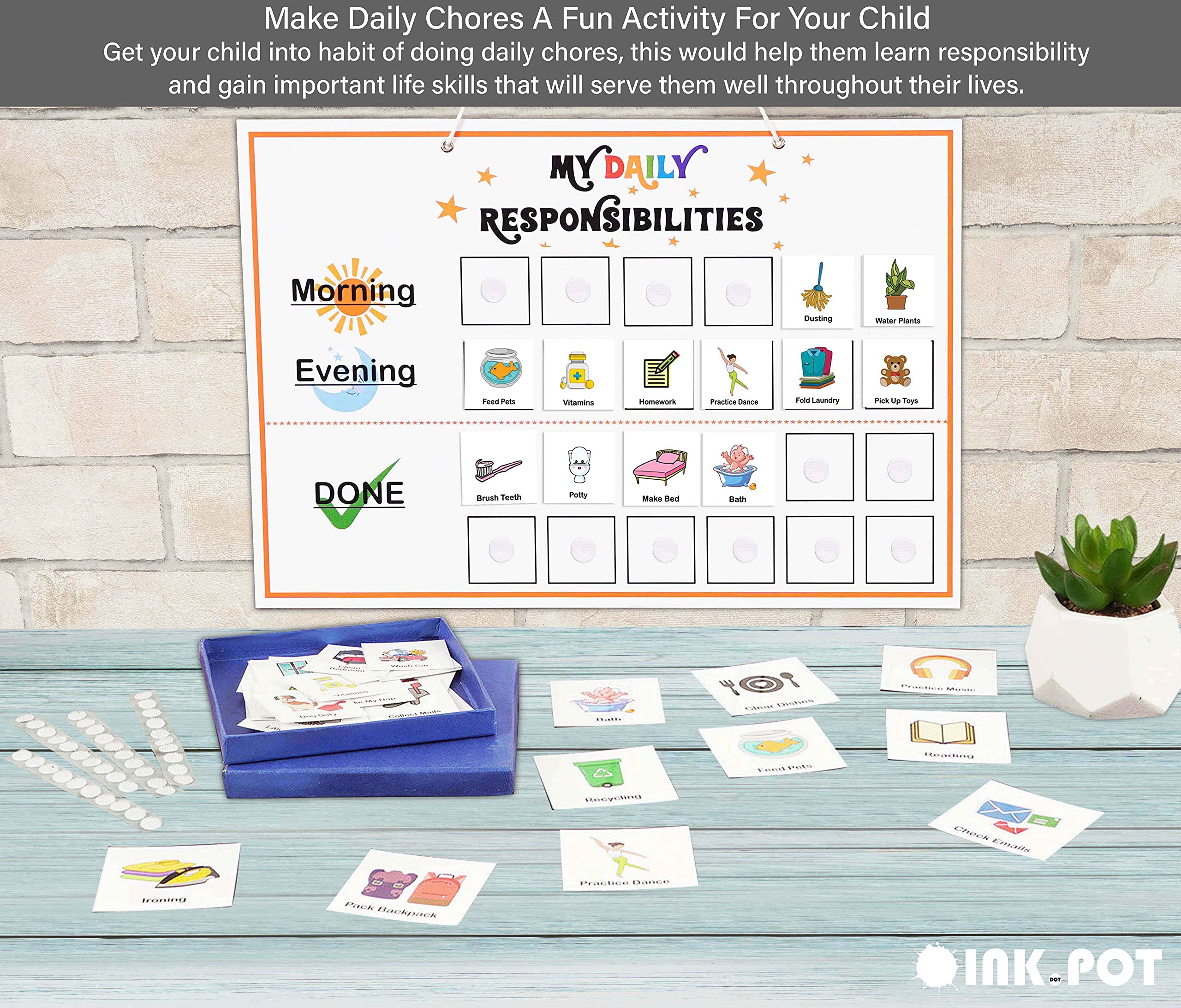 Kinder Aufgaben-Chart Mit Klettpunkten - Tägliche Routine Poster (12x18") & 45 Aktivitätskarten Für Morgen/Abend