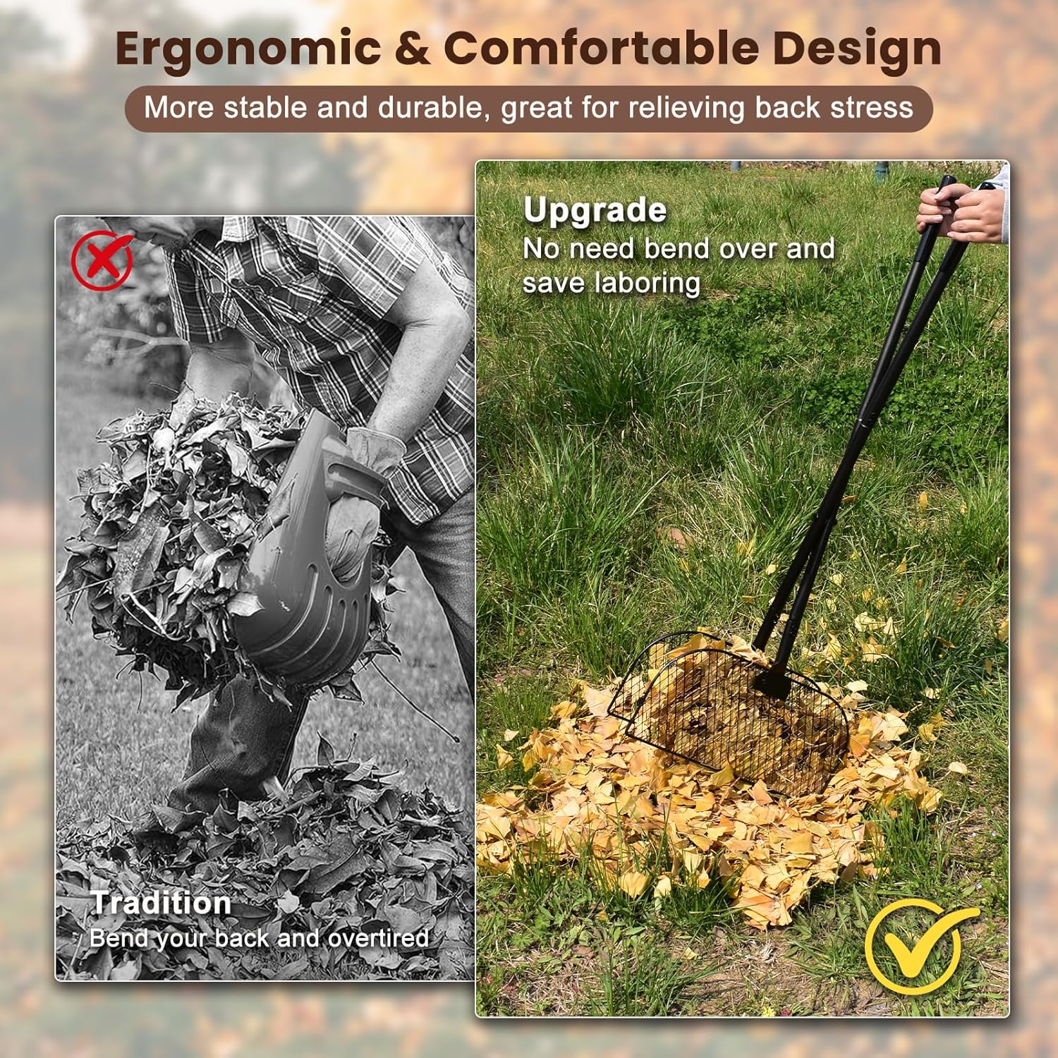 Leaf Grabber Rake with Long Handle, Leaf Picker Upper Grass Collector, Yard Rake Leaves Grabber Pickup Tool for Lawn & Garden Cleanup - No Bending Over