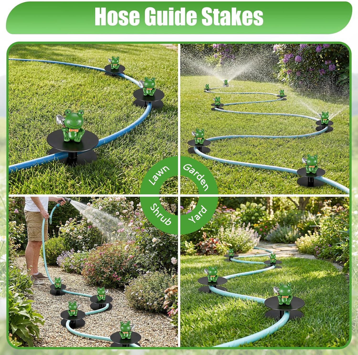 6 Pack Garden Hose Guide Spike, 8.7" Hose Guide Stakes with Green Frog Design, Water Hose Outside Cast Aluminum Heavy Duty Hose Guide for Keeping Flower Beds, Lawn & Garden Plant Protection