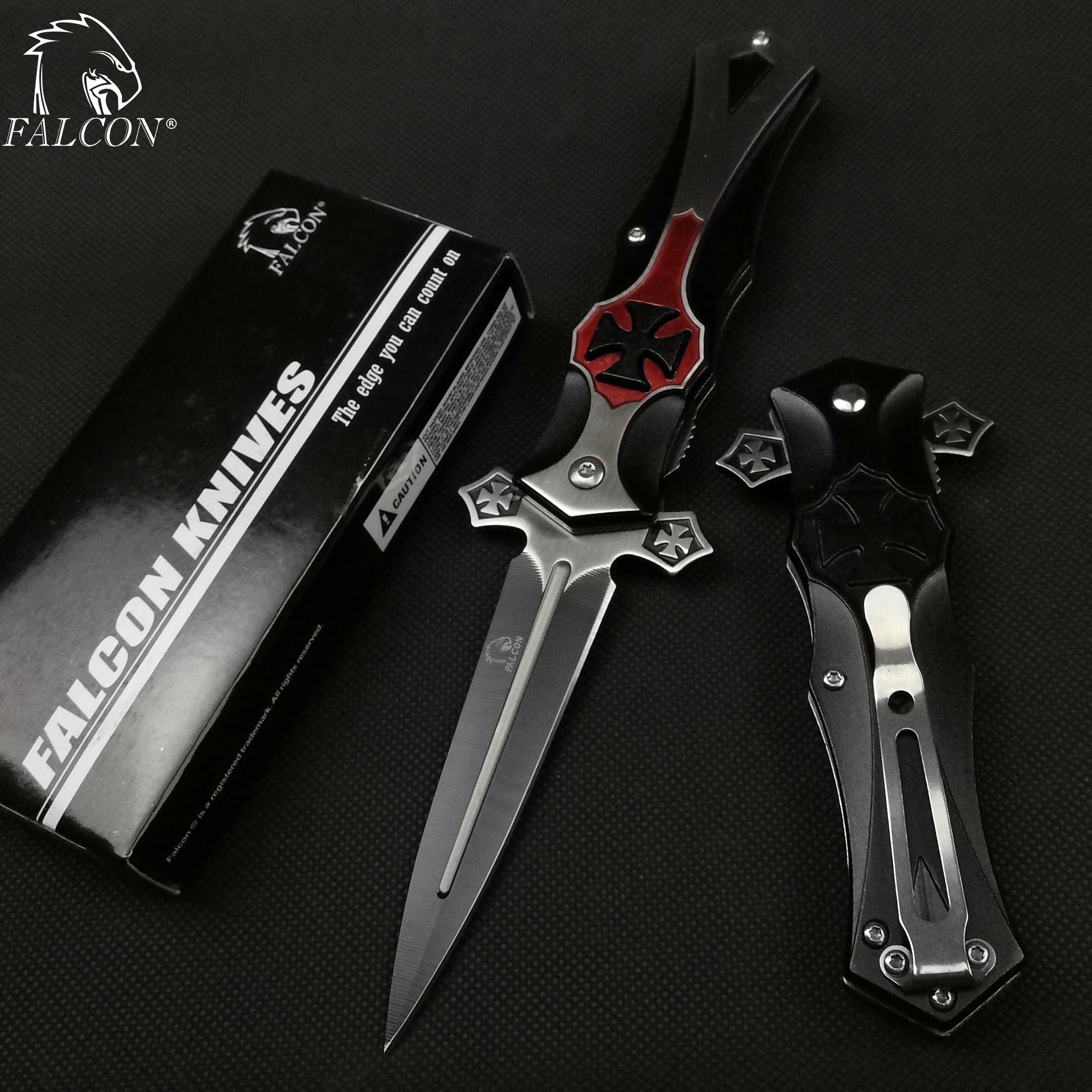 Etrading 8” Templar Spring Assisted Folding Knife Cross Patee Single Edge Clip Black with Red L6