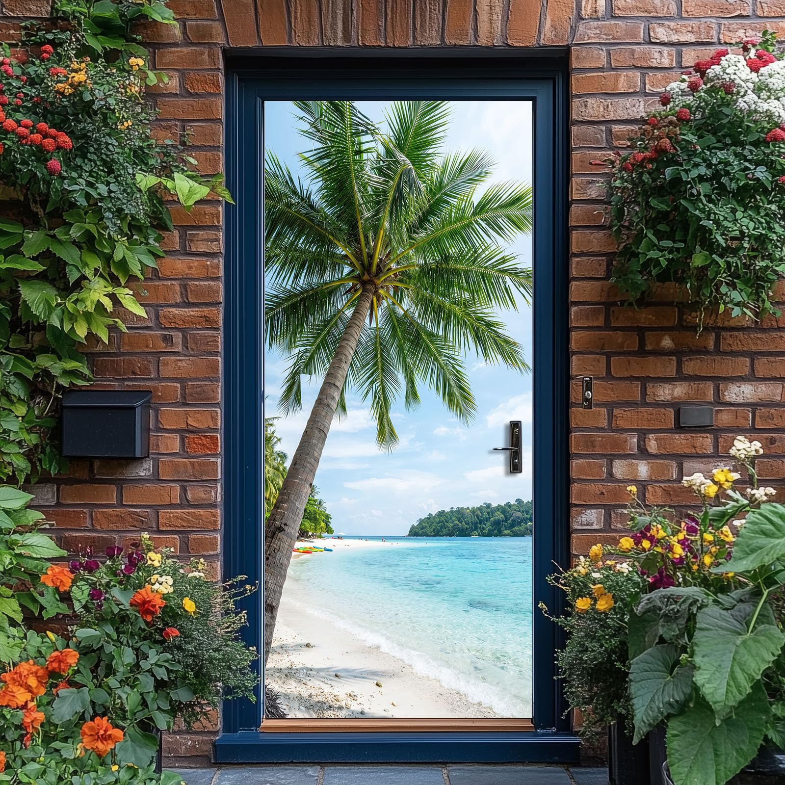 Naturaleza paisaje de playa 3D autoadhesivo para puerta 90 x 200 cm - vinilo para puerta papel pintado pared pared olas tropicales diseño palmeras póster extraíble decoración para dormitorio sala de