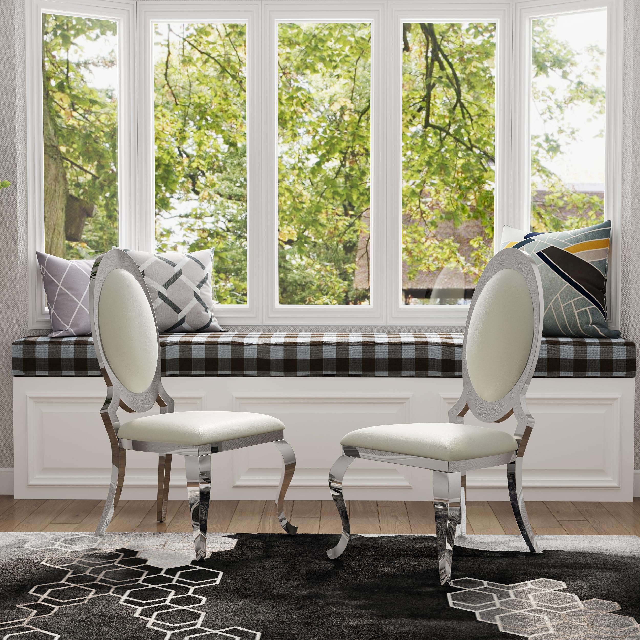 ACEDÉCOR White Leather Dining Chairs Set of 2, Gorgeous White and Silver Dining Room Chairs with Gemstone-Shaped Oval Back, Mirrored Silver Curved and