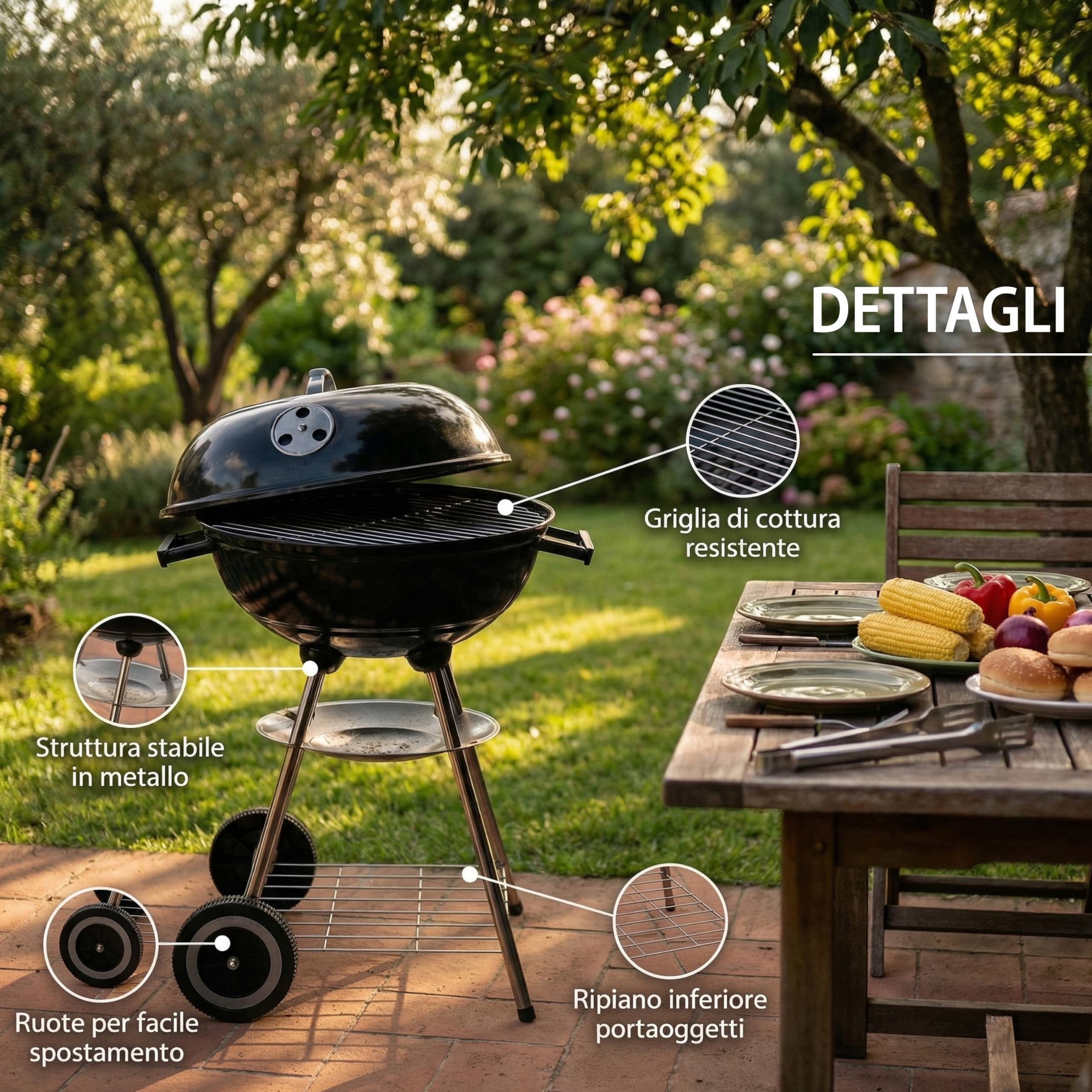 Barbecue Tondo Nero 48x72h cm Con Struttura In Acciaio e Coperchio - Giardino, Multifunzione, Terrazzo, Campeggio, Trasportabile, Griglia -BBQ con Ruote