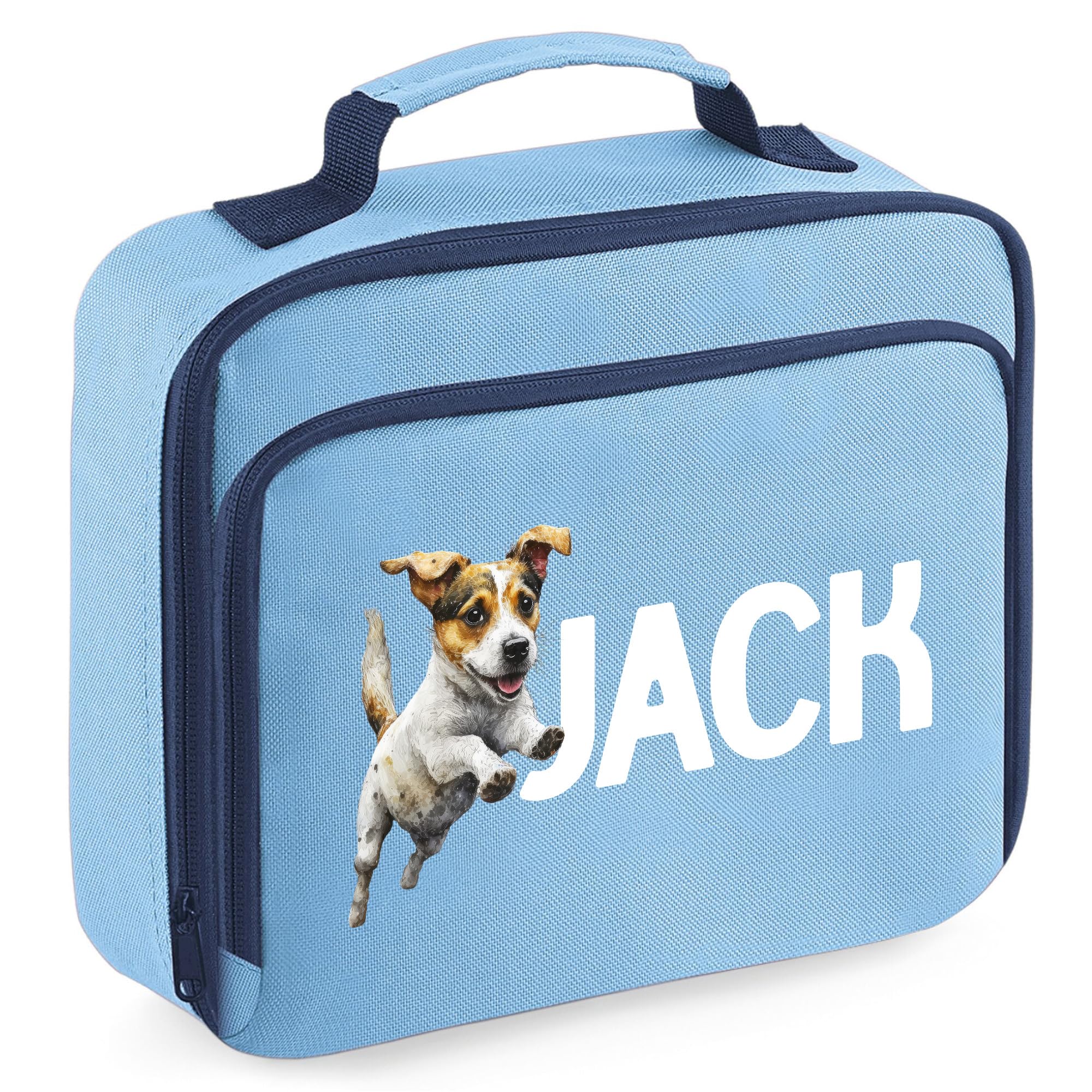 Personalised Jack Russell Lunch Box Kids Boys Girls Dog Puppy Back to School Accessories Toddlers, 24cm x 20cm x 8cm, Light Blue