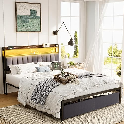 Miniatura 3 de HAUSHECK Base de cama Queen con cabecera de almacenamiento, dos cajones, luces LED y estación de carga, marco de cama LED sin ruido, tamaño Queen