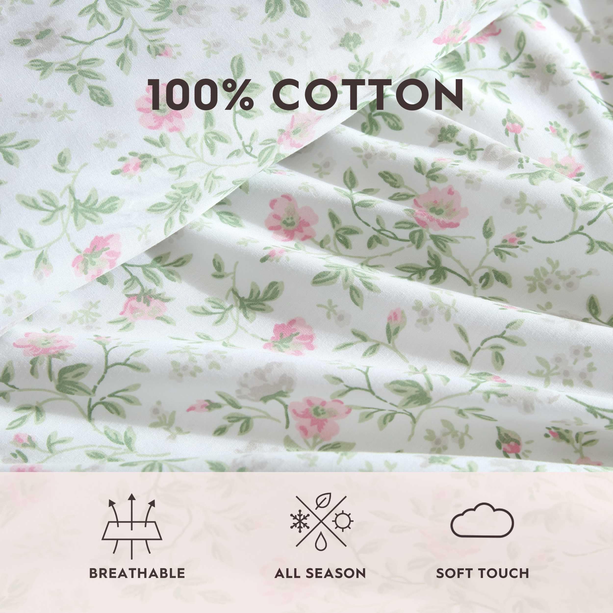 Laura Ashley - Juego de sábanas tamaño Queen, Ropa de Cama de algodón percal Transpirable con Fundas de Almohada a Juego, 200 Hilos, Bolsillo Profundo, artículos Esenciales Elegantes para la