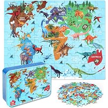 LELEMON Puzzles for Kids Ages 4-6,Dinosaur Map 100 Piece Puzzles for Kids Ages 6-8 in a Metal Box,Educational Jigsaw Puzzles,Childrens 100 Piece Puzzle Games Puzzle Toys for Girls and Boys