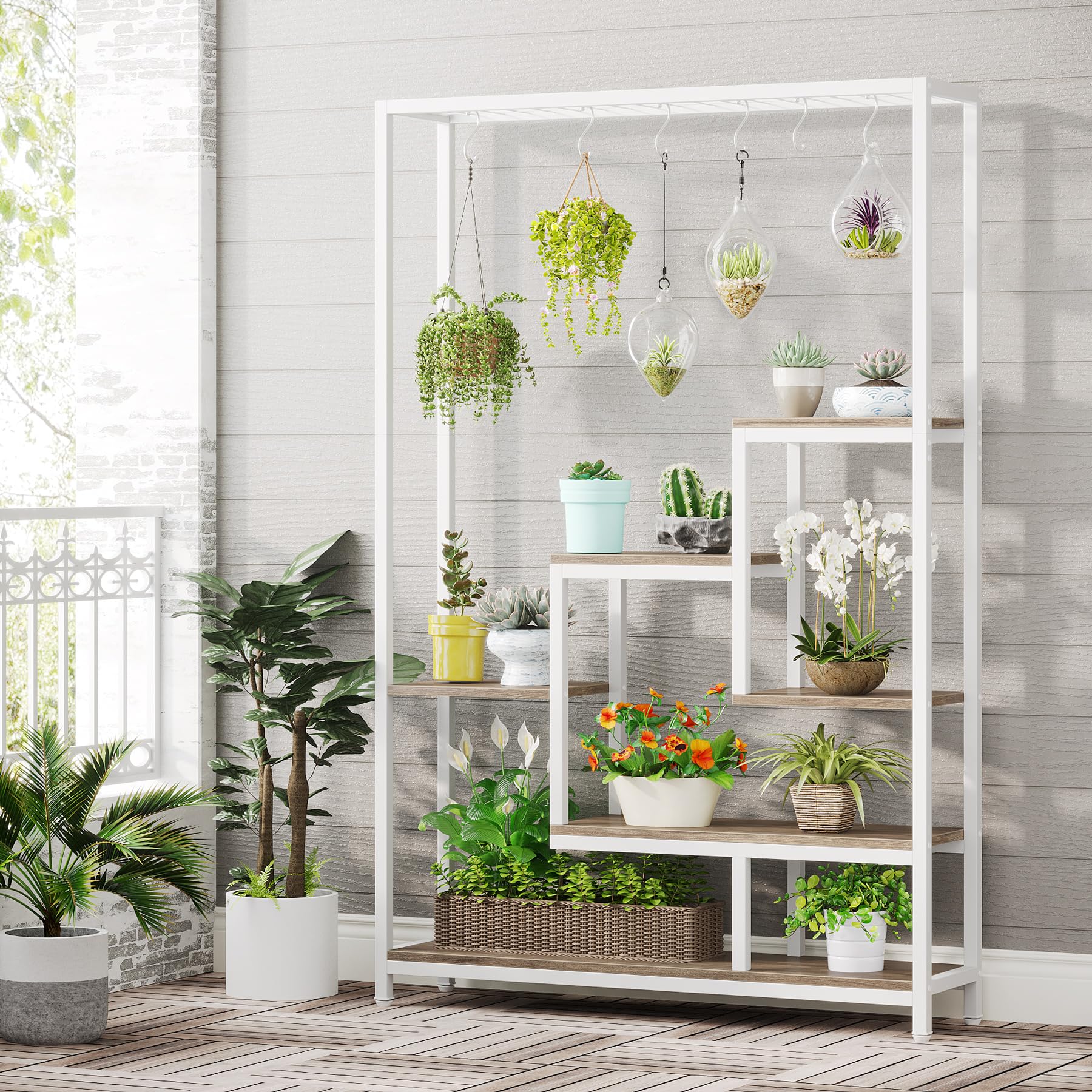Tribesigns Soporte alto para plantas de interior de 5 niveles, estante de metal de 180 cm con 10 ganchos para colgar en S, estante de exhibición multiusos para bonsái de flores para interiores