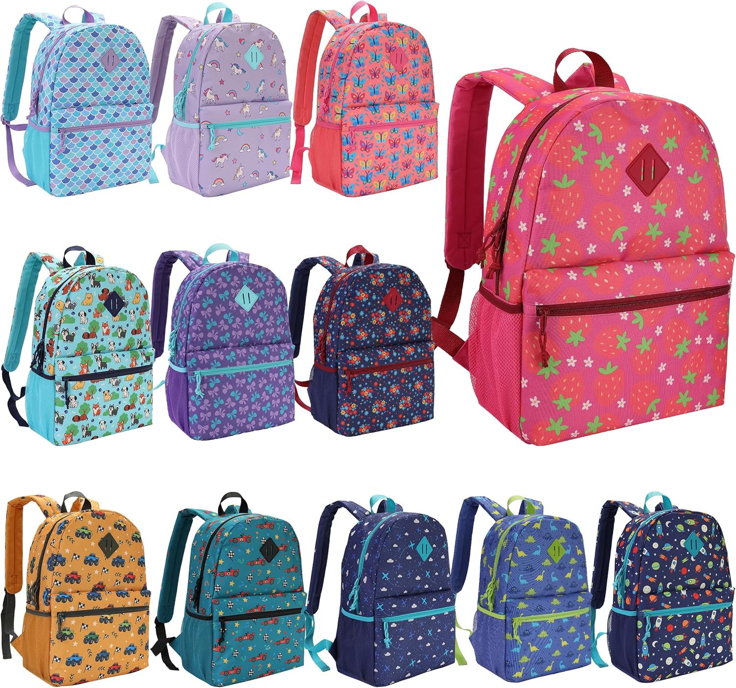 12-Pack Printed 17" Kids Backpacks for school - Bulk Backpacks Wholesale Bookbags for 5-11 Year Old Elementary Boys Girls, Assorted 12 Colors, Durable Printed Backpacks for School Drives & Donations.
