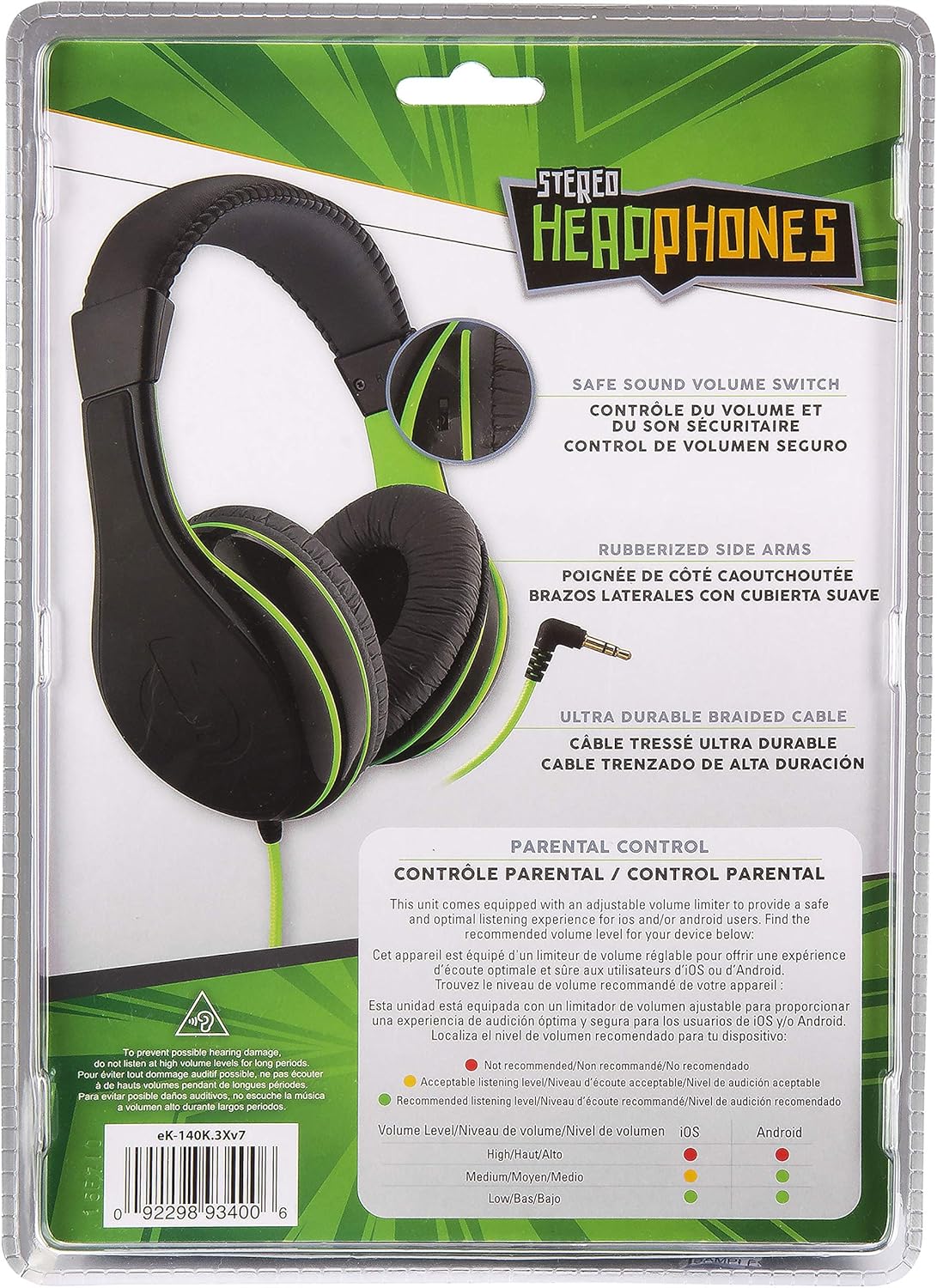 Back of eKids headphone packaging showing the volume limiting switch and parental control information.