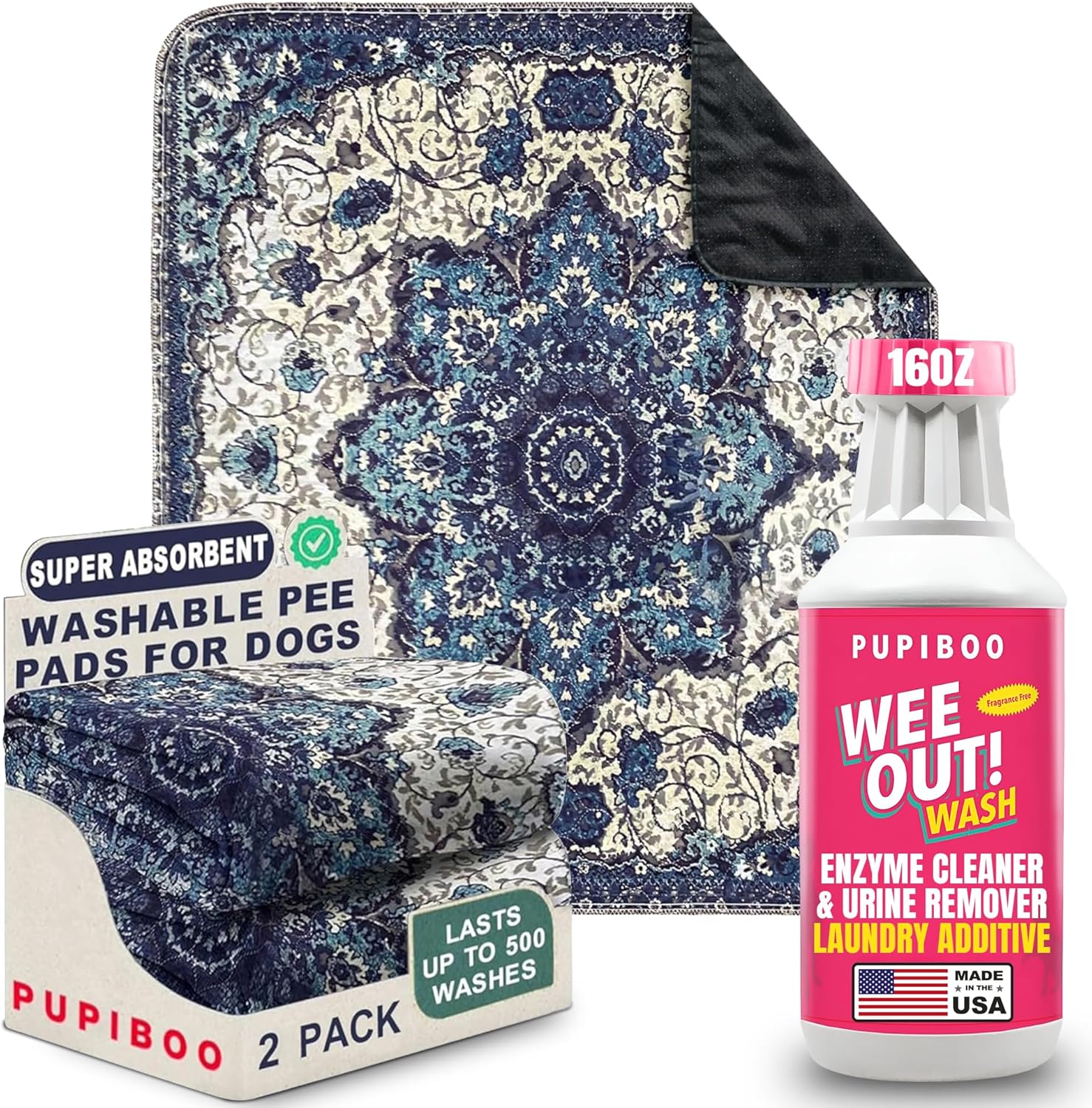 PUPIBOO Puppy Training Bundle – Washable Pee Pads for Dogs & Cats (24x36) with Wee Out Wash Enzyme Laundry Additive