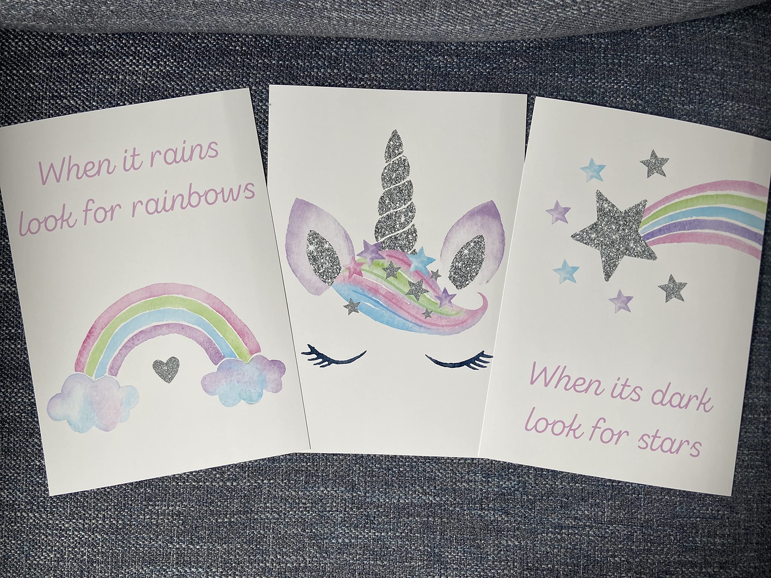 Eviepops Prints Unicorn Rainbow Stars Set Of 3 Unframed Poster Prints, Pink Purple Silver, Bedroom Decor - Image 4