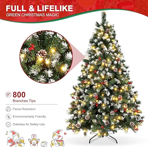 Miniatura 5 de Árbol de Navidad, árboles de Navidad artificiales de 6 pies, preiluminados con 250 luces cálidas, pino, baya, bisagras y base de metal, 800 puntas