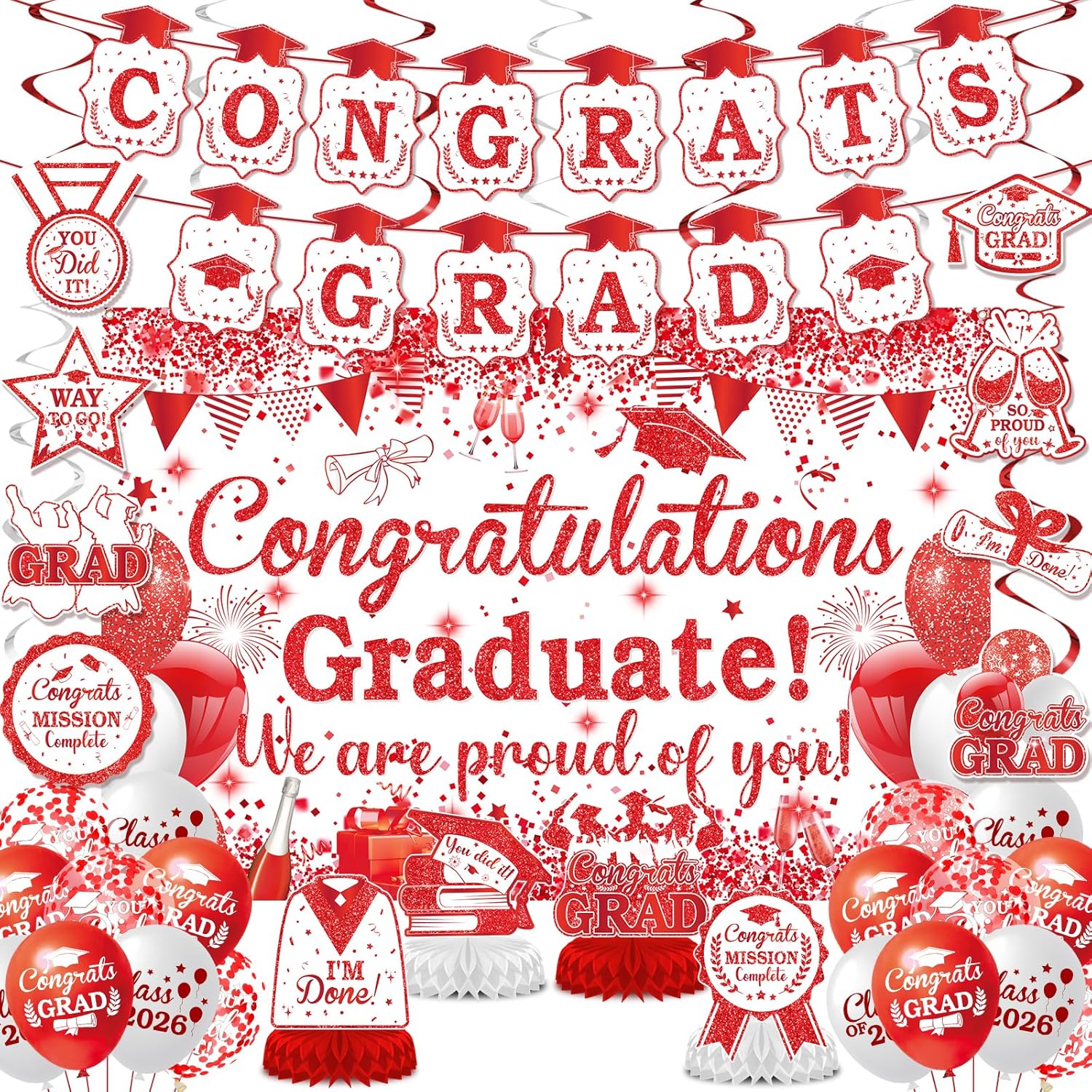 Red White Graduation Decorations Class of 2026 Red and White Graduation Party Supplies Include Congrats Grad Banner Backdrop Congratulations Balloons Hanging Swirl Honeycomb for High School College