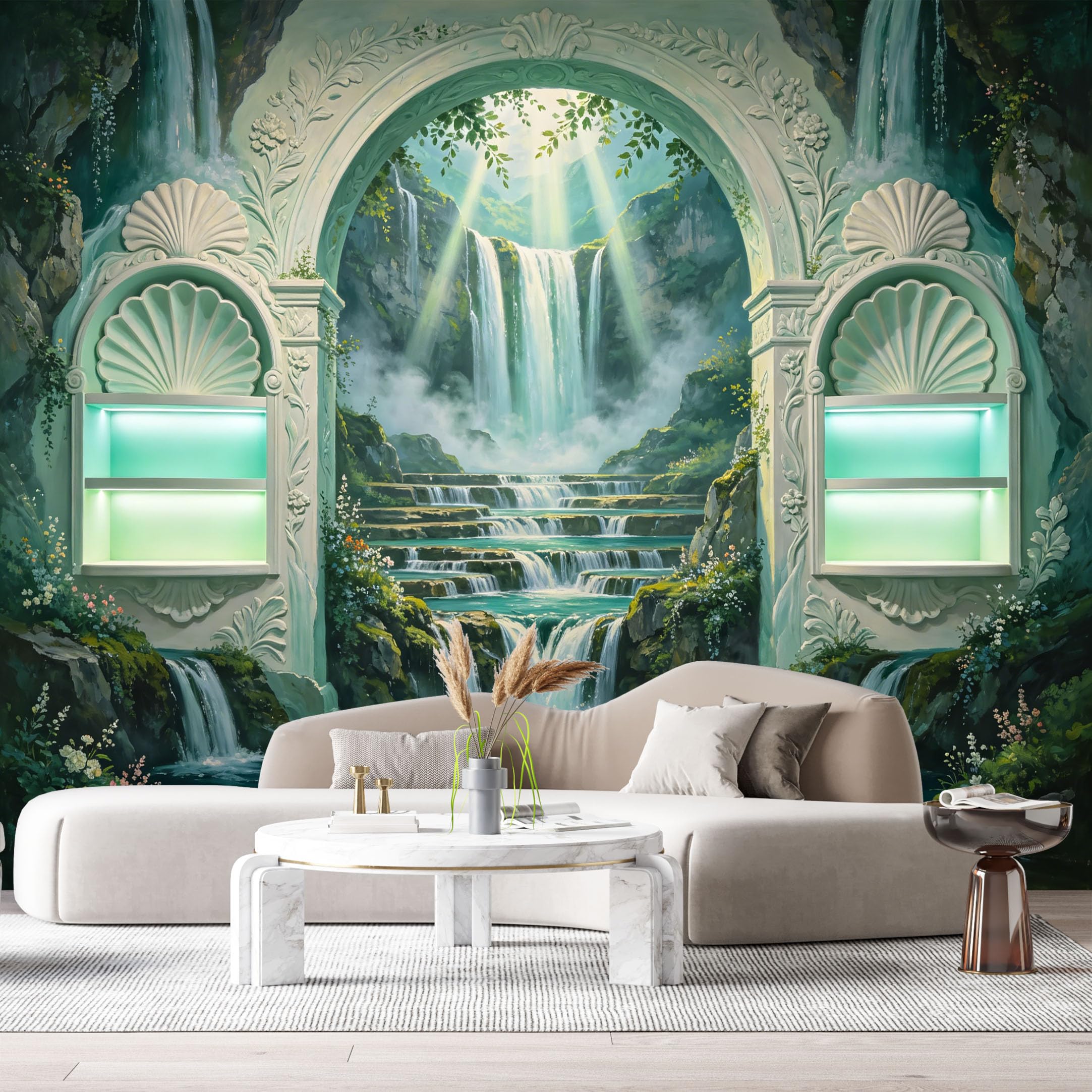 Custom Size Wall Murals Fantasy Archway Waterfall Shell 3D Trompe L'Oeil SelfAdhesiveWall Fabric Removable Wallpaper Wall Decor for Living Room Bedroom Bathroom
