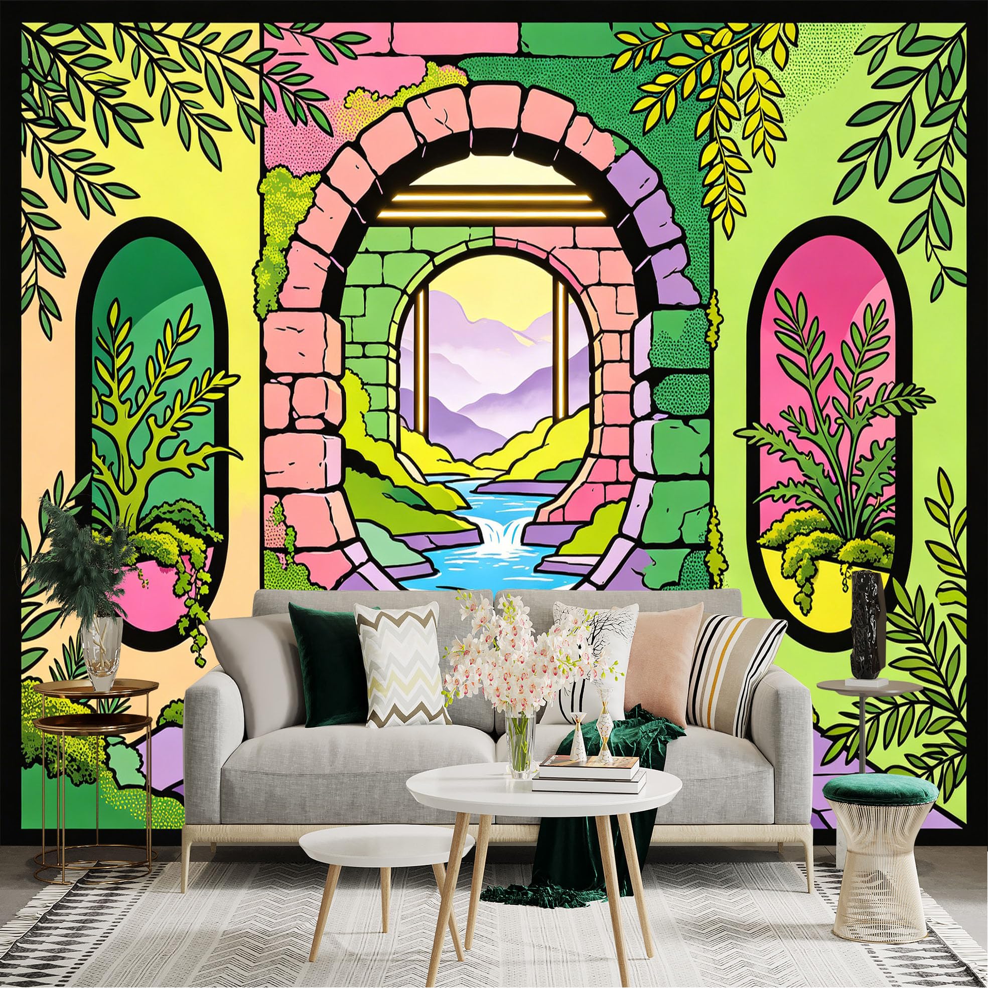 Custom Size Wall Sticker Mural， Colorful Archway with River， Greenery and Mountain View， for wall Decoration， peelandstick wall Decals.