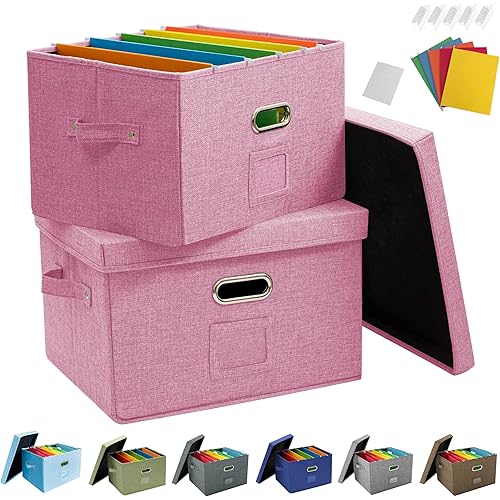 JSungo 2 Pack File Box with 10 Hanging Filing Folders, Document Organizer Storage with Lid, Collapsible Linen Hanging Filing Organization, Office Portable Storage with Handle, Pink