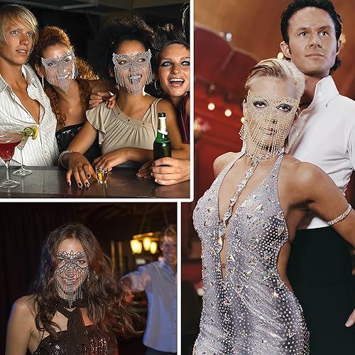 Miniatura 5 de Bellady Máscara de Mardi Gras con flecos de ojo de gato con diamantes de imitación y lazo trasero