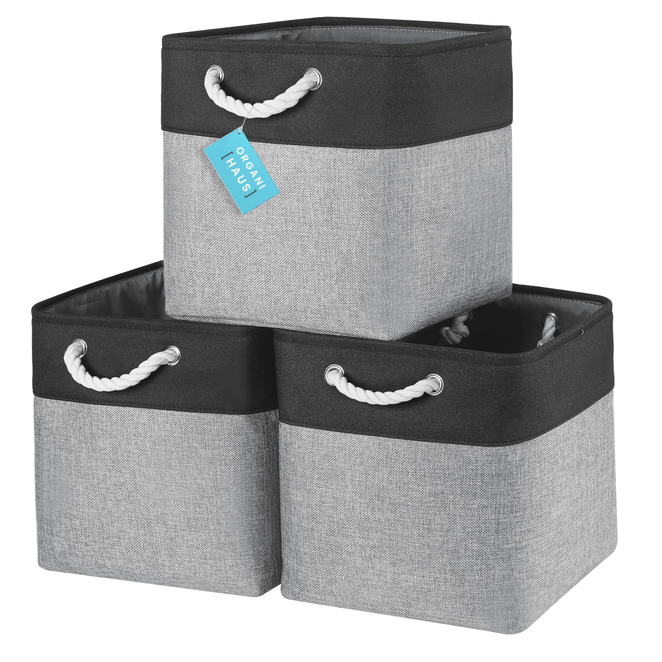OrganiHaus Aufbewahrungsbox 30x30cm 3er-Set, Würfelkörbe aus Stoff mit Seilgriffen, Faltbare Aufbewahrungswürfel für Kallax Organizer, Ablagekörbe für das Kinderzimmer Grau schwarz