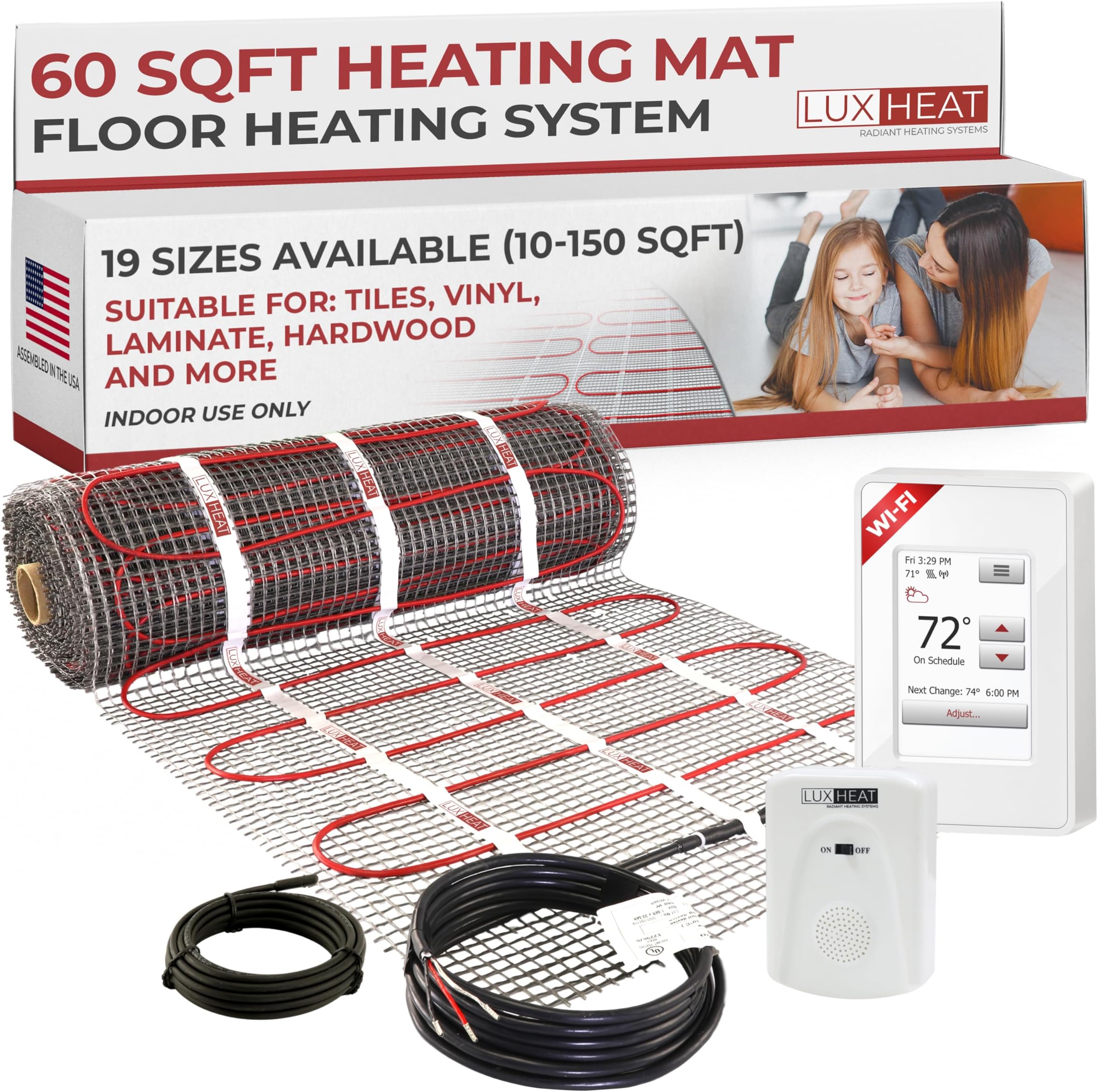 LuxHeat 60sqft Floor Heating Mat Kit - 120v Heated Flooring Kit - Electric Radiant Heated Flooring System for Tile & Laminate - Includes UWG4 WiFi Programmable Thermostat w/GFCI, Alarm & Sensor