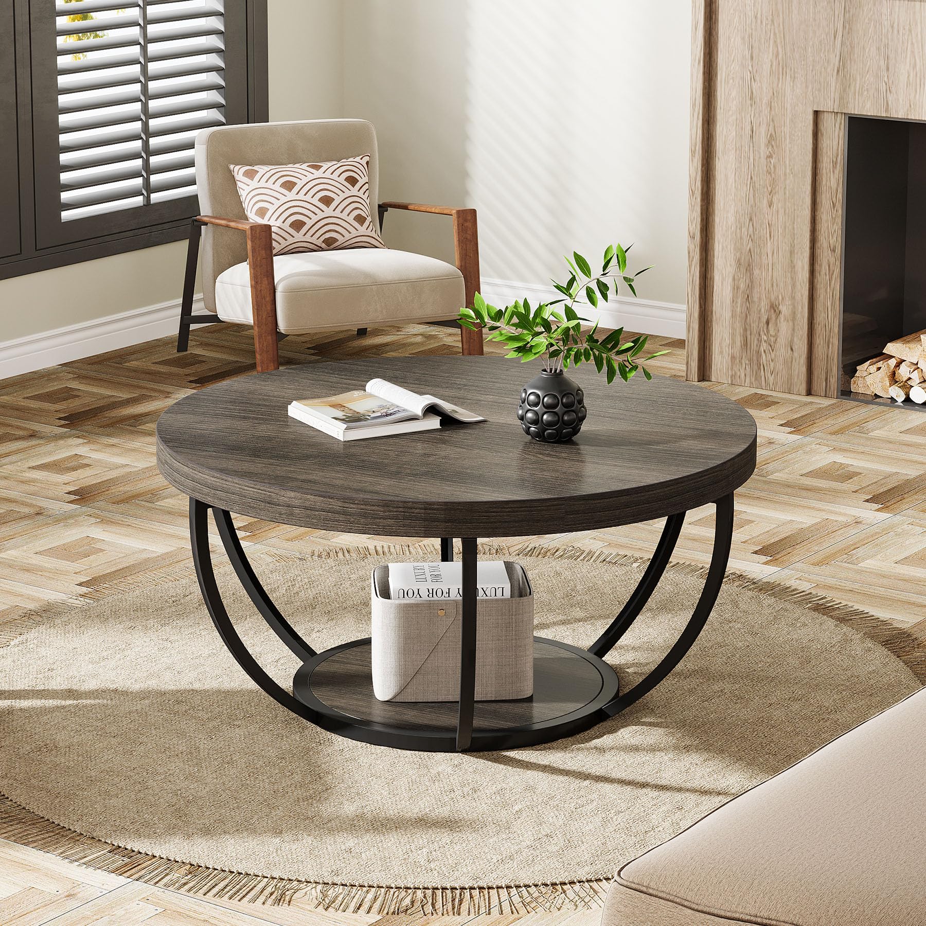 Tribesigns Mesa de Centro Redonda, 80 cm Mesa de Café Industrial Circular de 2 Niveles, Mesita Baja Sofá, Mesa Central Moderna de Madera para sofá, Mesa Auxiliar para Sala de Estar, Gris