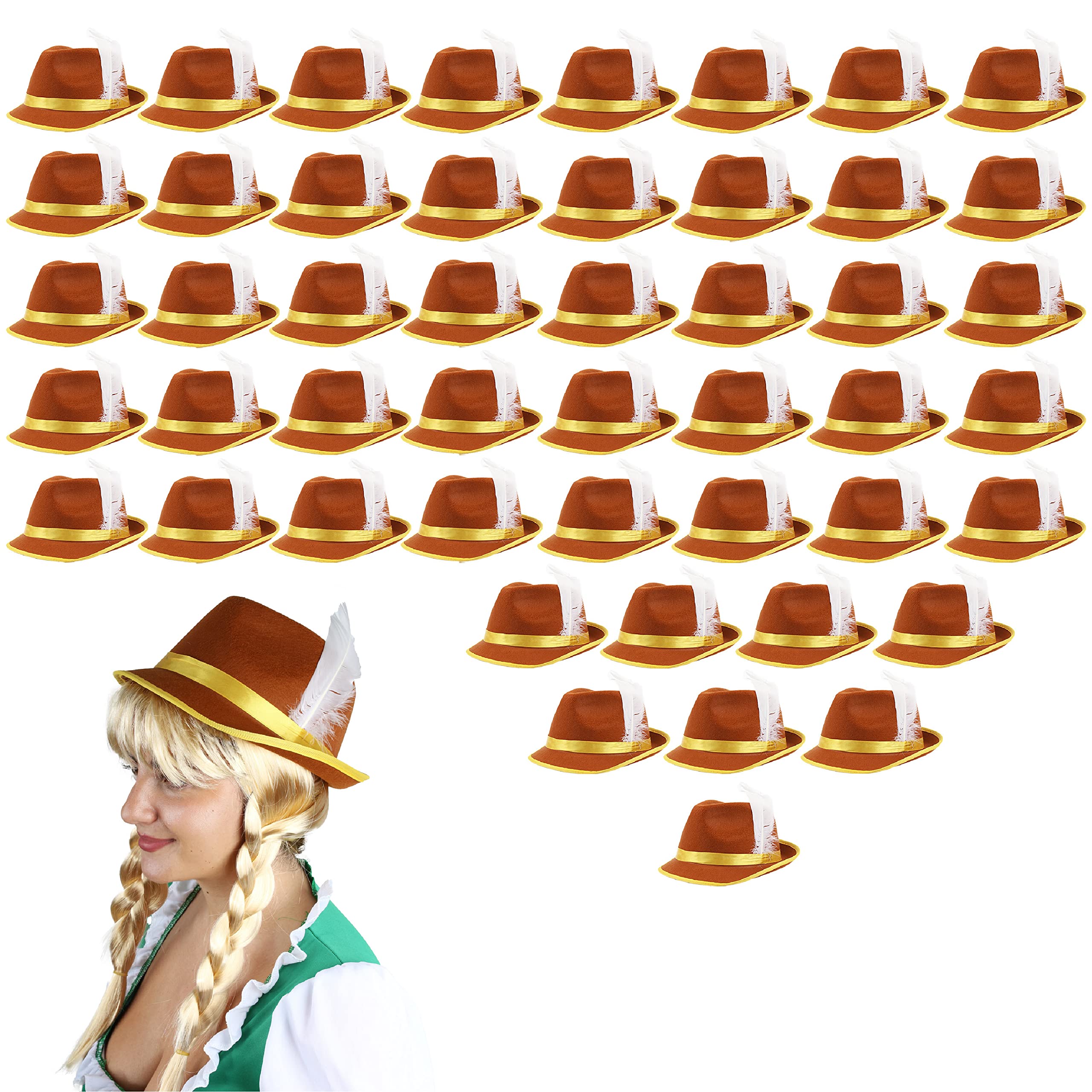 Ladies Bavarian Hat - Pack of 48 - Brown and Yellow Tyrolean Hat with Attached White Feather - Adults Oktoberfest Fancy Dress Costume Accessory
