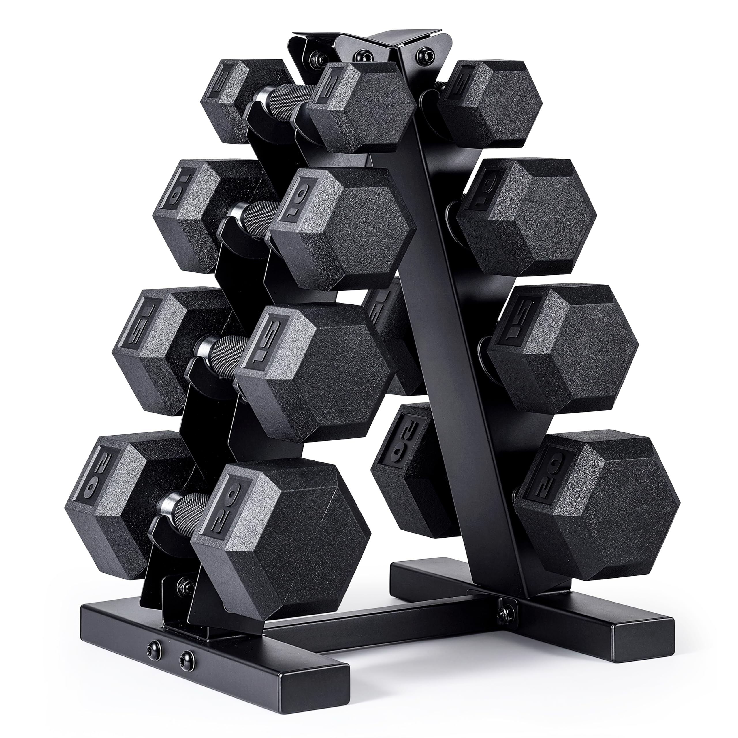 Photo 1 of [PARTIAL SET]  [ONLY RACK] CAP 100 lb Rubber Coated Hex Dumbbell Set with Vertical Rack, Space-Saving A-Frame Storage, for Home Gym Strength Training, Comfort Grip, Black Rack