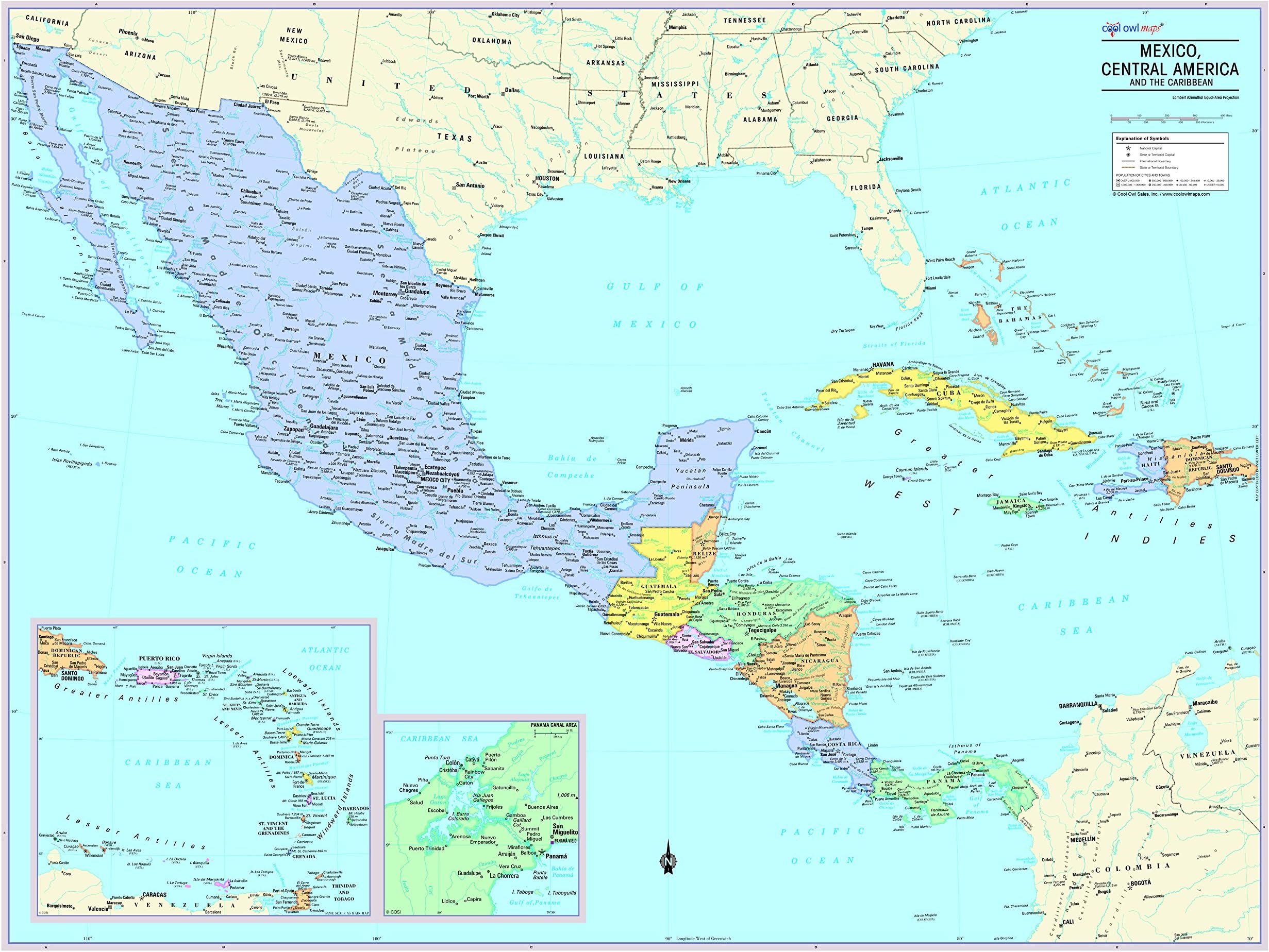 Cool Owl Maps Mexico, Central America, and Caribbean Wall Map - Rolled Laminated (32"x24")