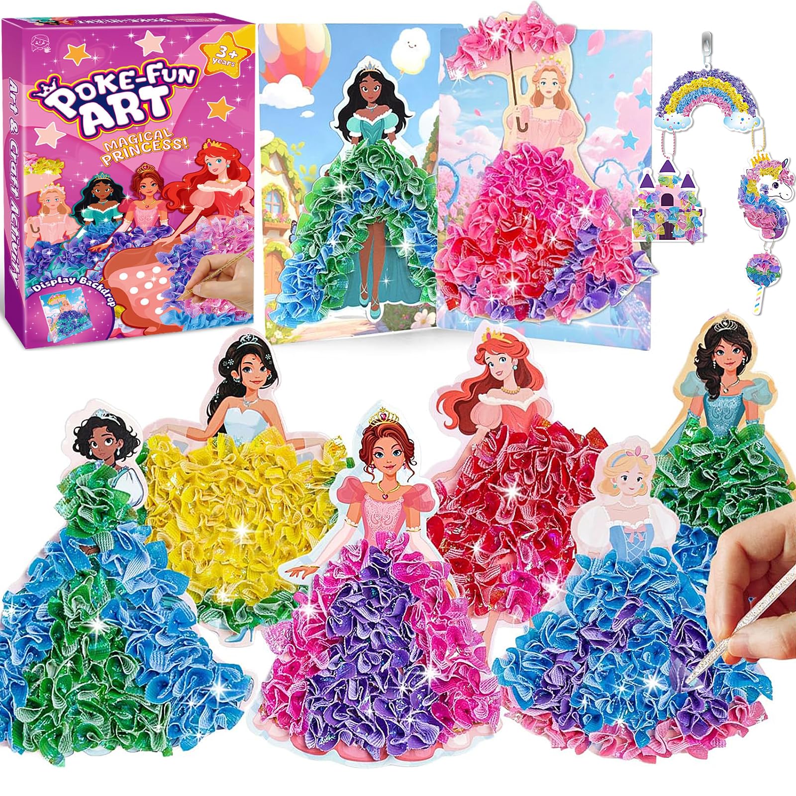 XongSyue Poke Art Kit de Bricolage pour Enfants, 8 Princesses avec Base et 2 Panneaux d'Arrière Plan, Loisirs Créatifs Fille 4 5 6 7 8 ans, Activité Manuelle Enfant, Cadeau pour Fille 9 10 11 12 ans