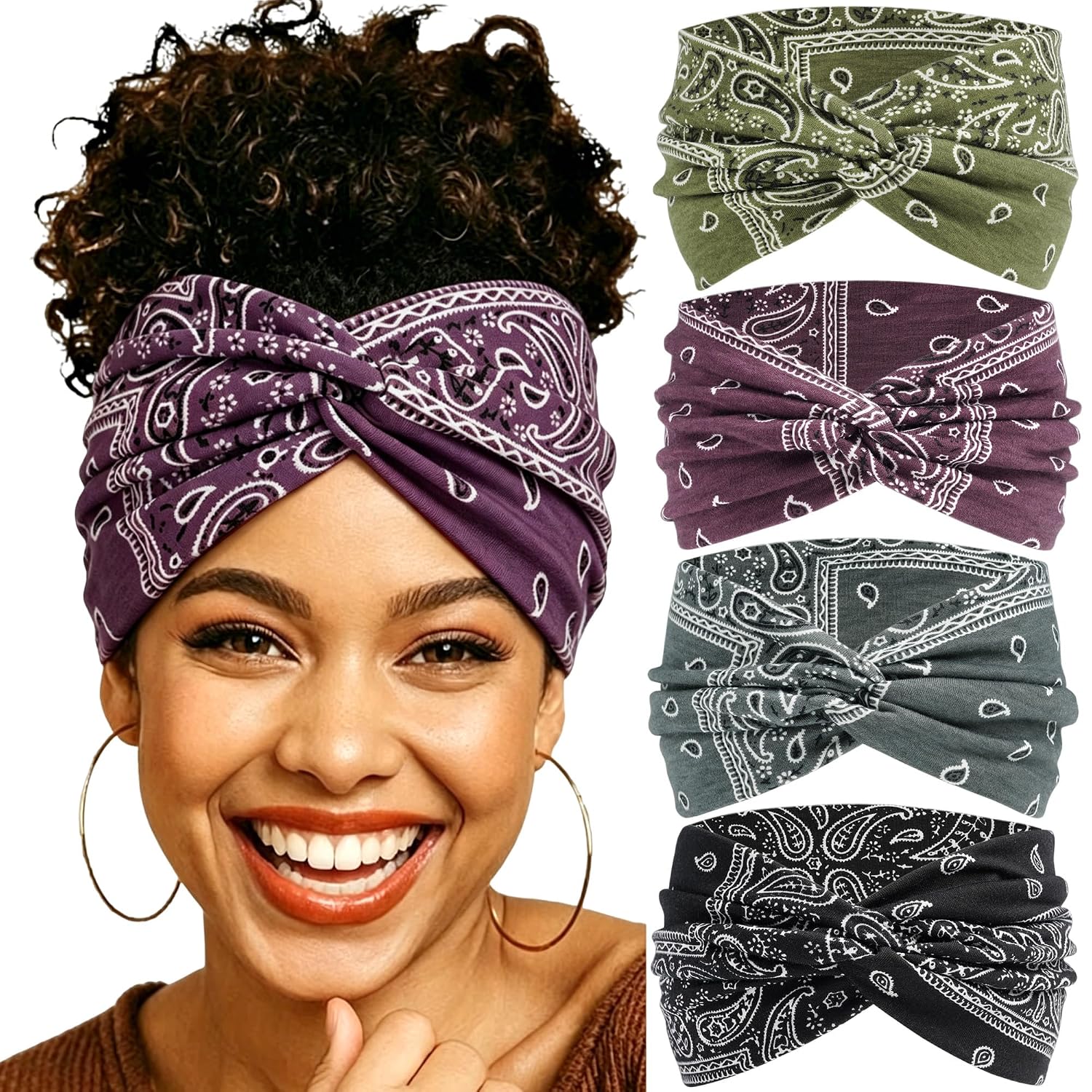 4 Pack Boho Headbands for Women Wide Twist Turban Cross Headband