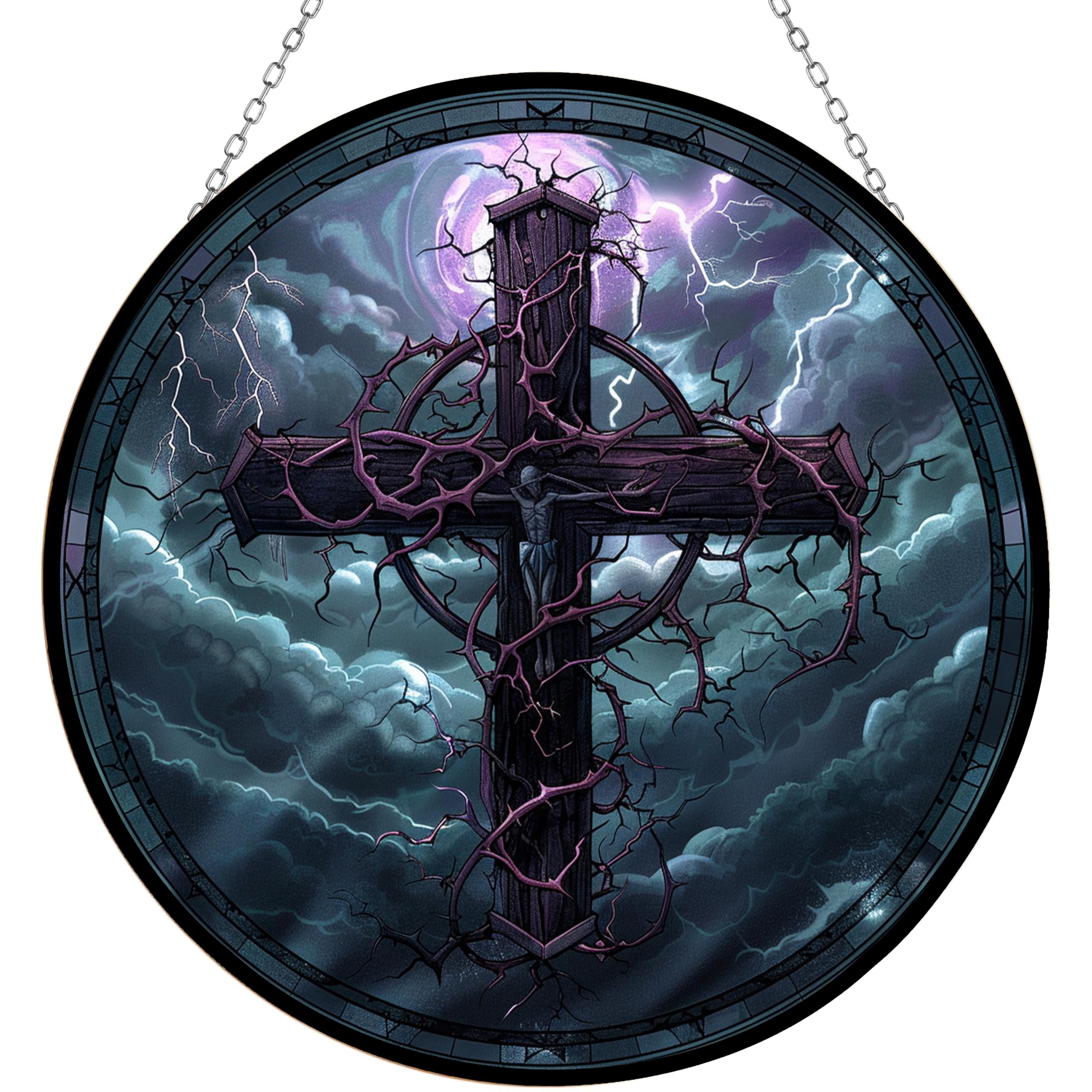 365CUSGIFTS Halloween Cross Jesus Stained Glass Window Hanging Sun Catcher Halloween Haning Ornament Decoration Christmas Birthday Gifts for Lover and Friends